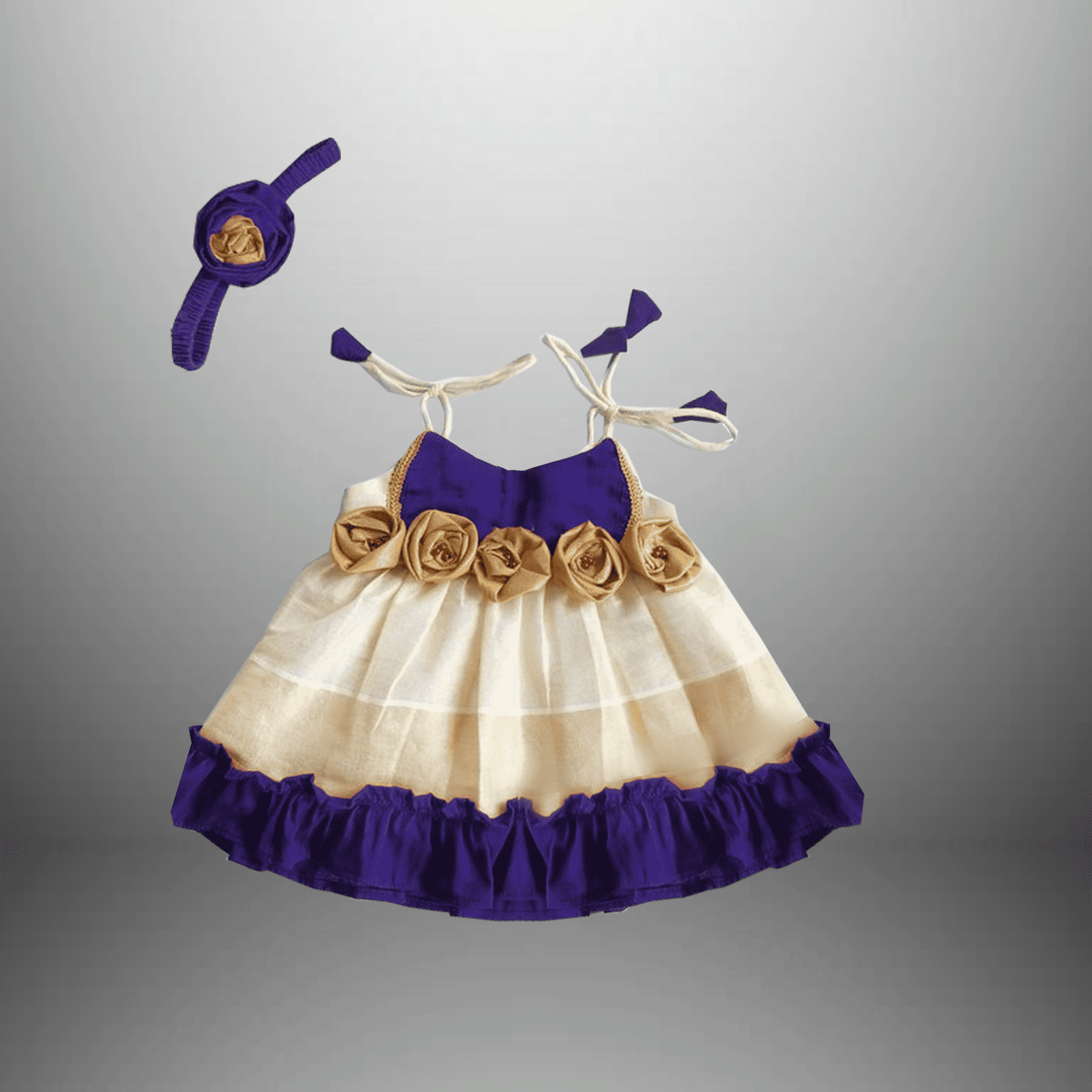 Baby girl's sleeveless dress with frills and golden roses with a free hairband-RKFCTT116
