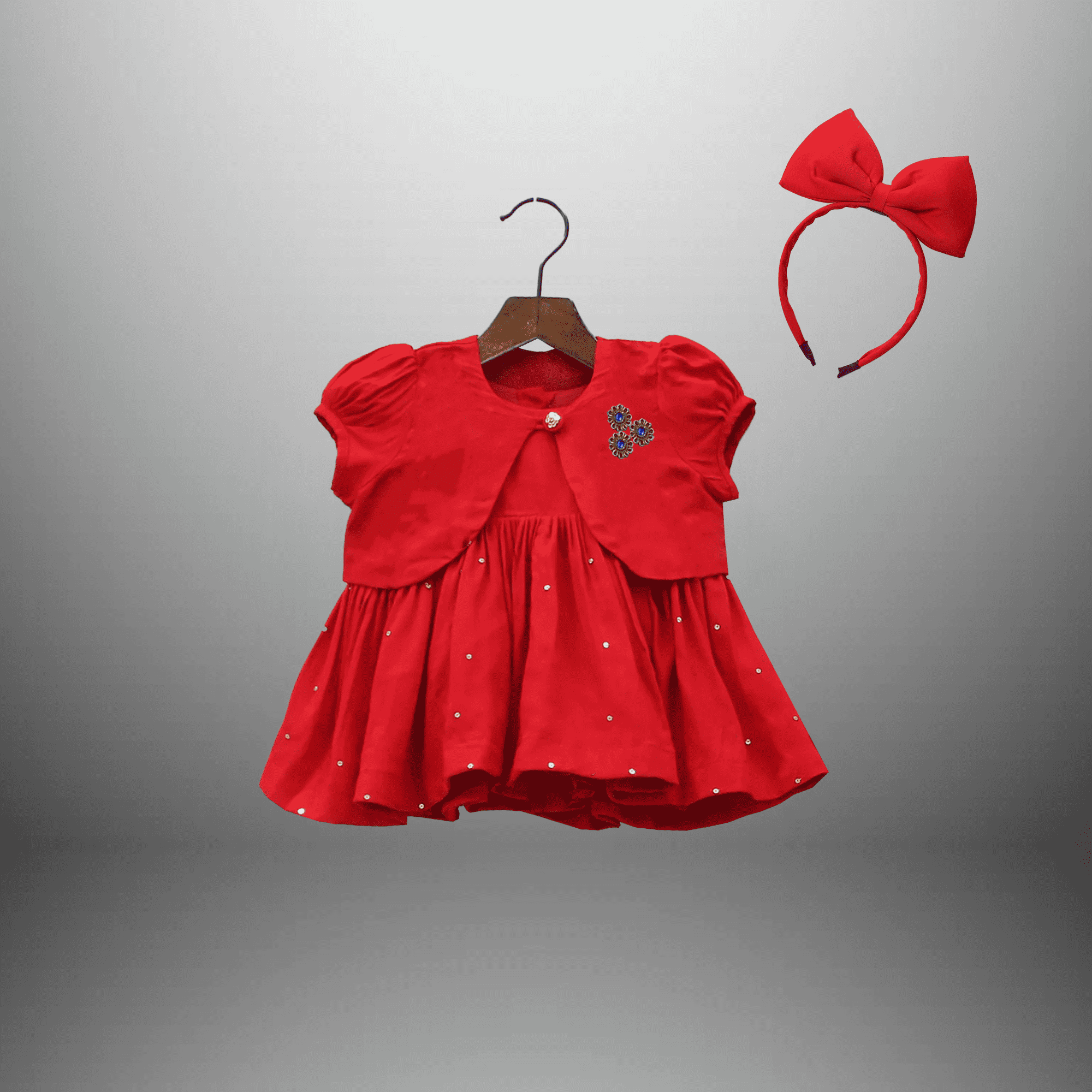 Toddler's Red flared dress with a waistcoat and a free hairband-RKFCTT112