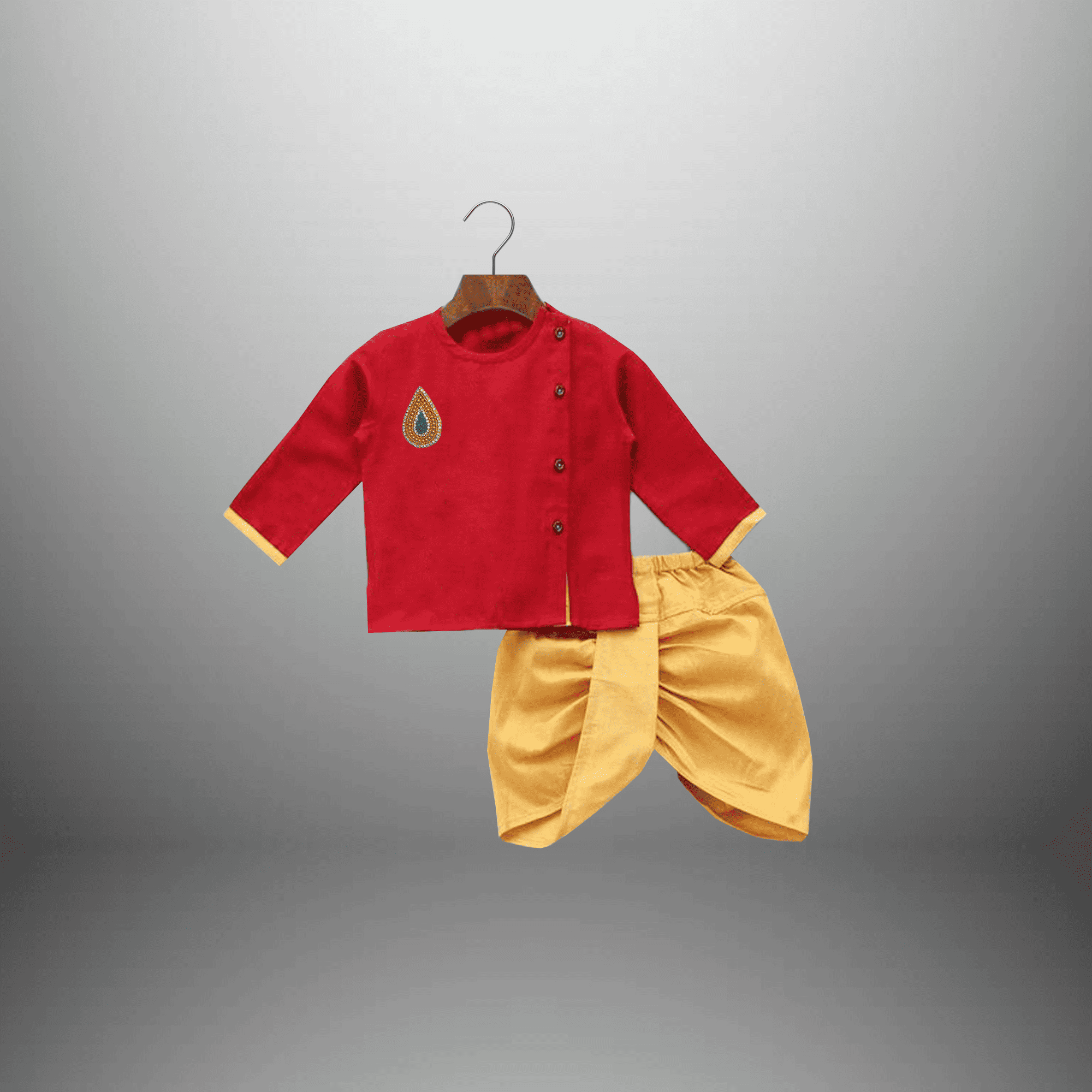 Baby boy's Red color Kurta with Golden yellow dhoti-RKFCTT115