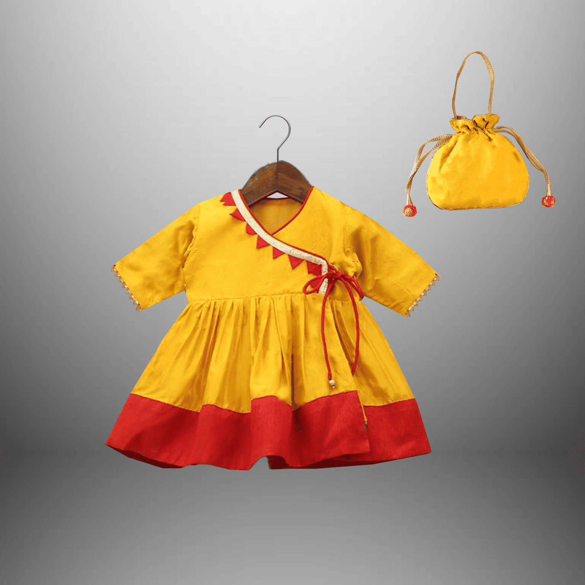 Baby girl's Yellow & Red Overlapped dress with a free hand bag-RKFCTT114