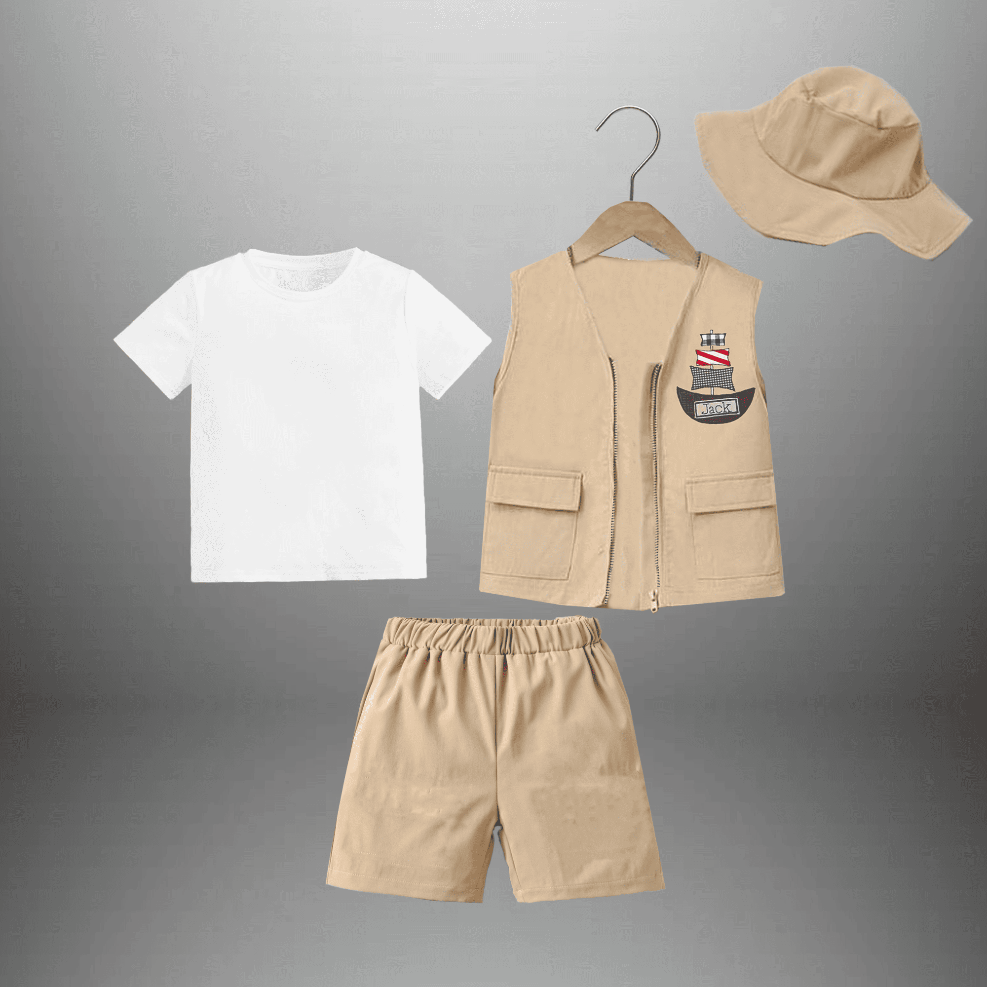 Boy's 3 piece set of Beige shorts, Zippered sleeveless jacket and T-Shirt with a free hat-RKFCW538