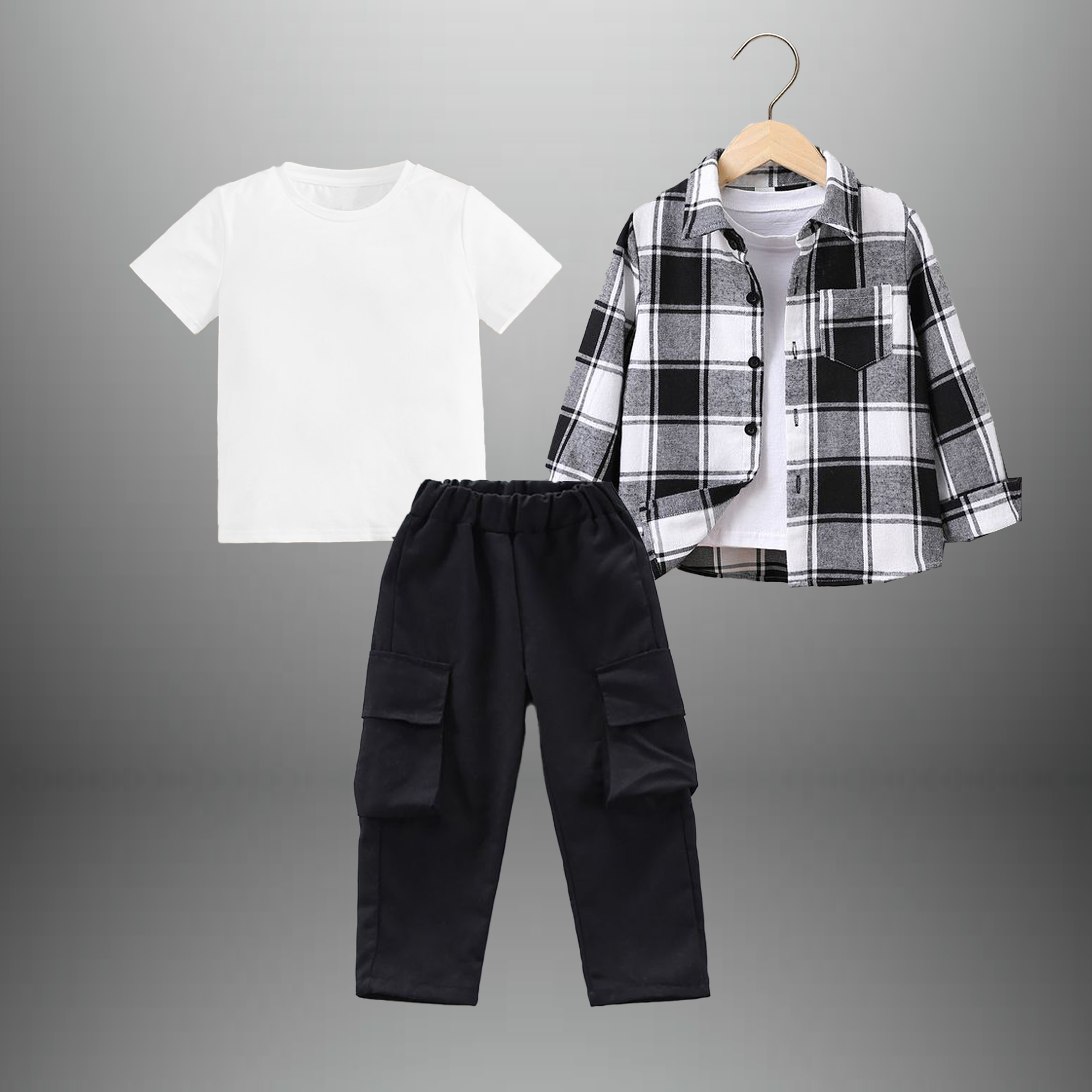 Boy's 3 piece set of Black Cargo pant ,Black and white Checkered shirt and a white T-shirt-RKFCW542