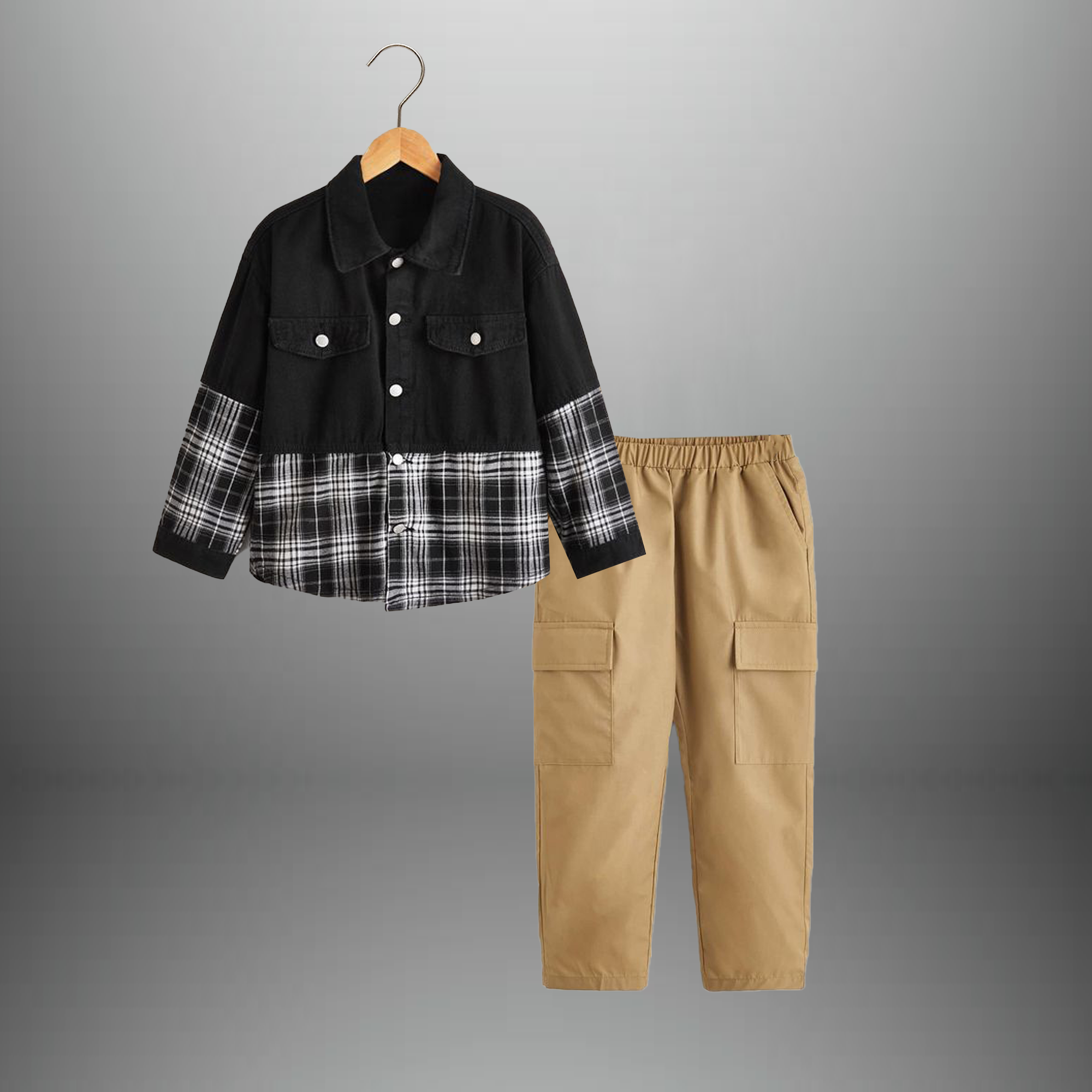Boy's 2 piece set of Beige Cargo pant ,Black corduroy Patched Checkered shirt -RKFCW544