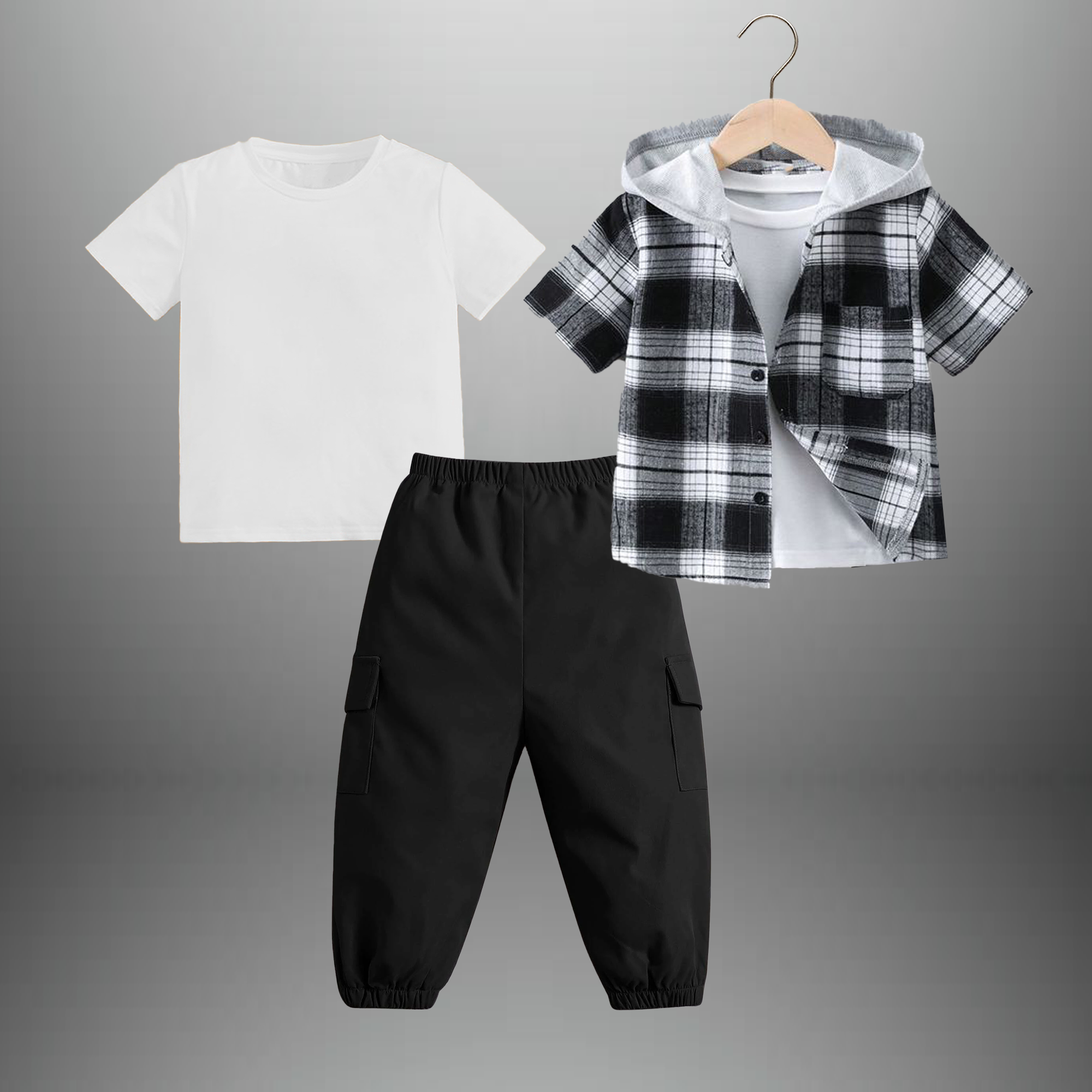 Boy's 3 piece set of Black Cargo pant ,Black and white hooded Checkered shirt with a t-shirt-RKFCW545