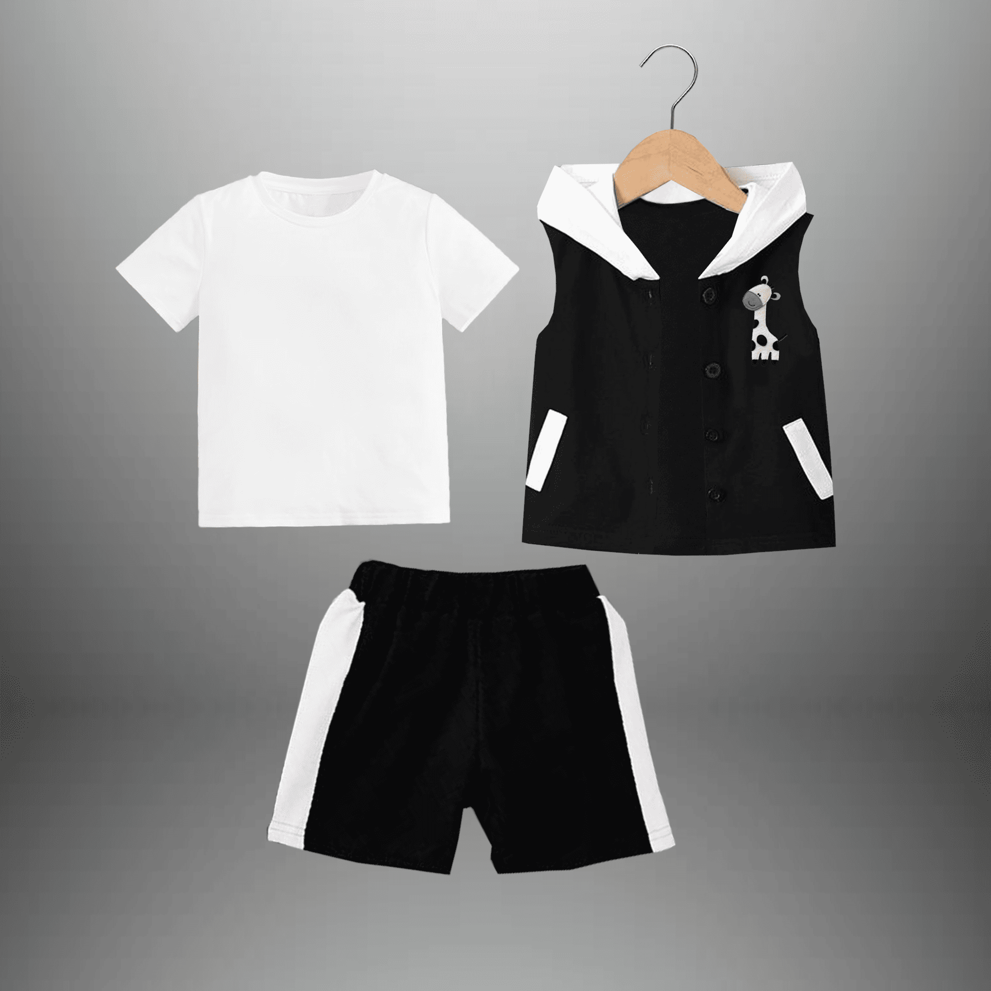 Boy's 3 piece set of Black & white  shorts , Sleeveless hooded jacket wih buttons and T-shirt-RKFCW533