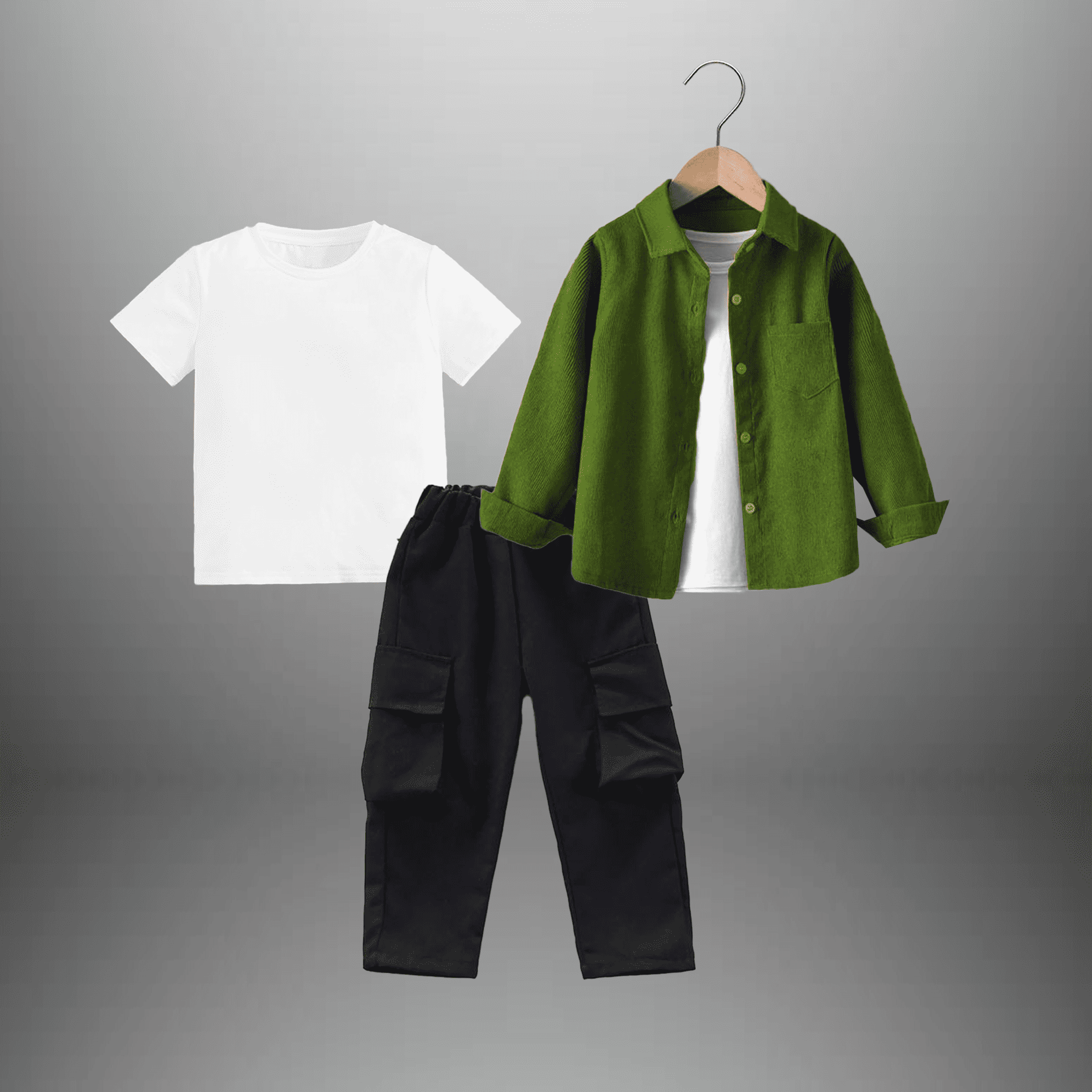 Boy's 3 piece set of Black Cargo pant ,Green shirt and a White T-shirt-RKFCW546