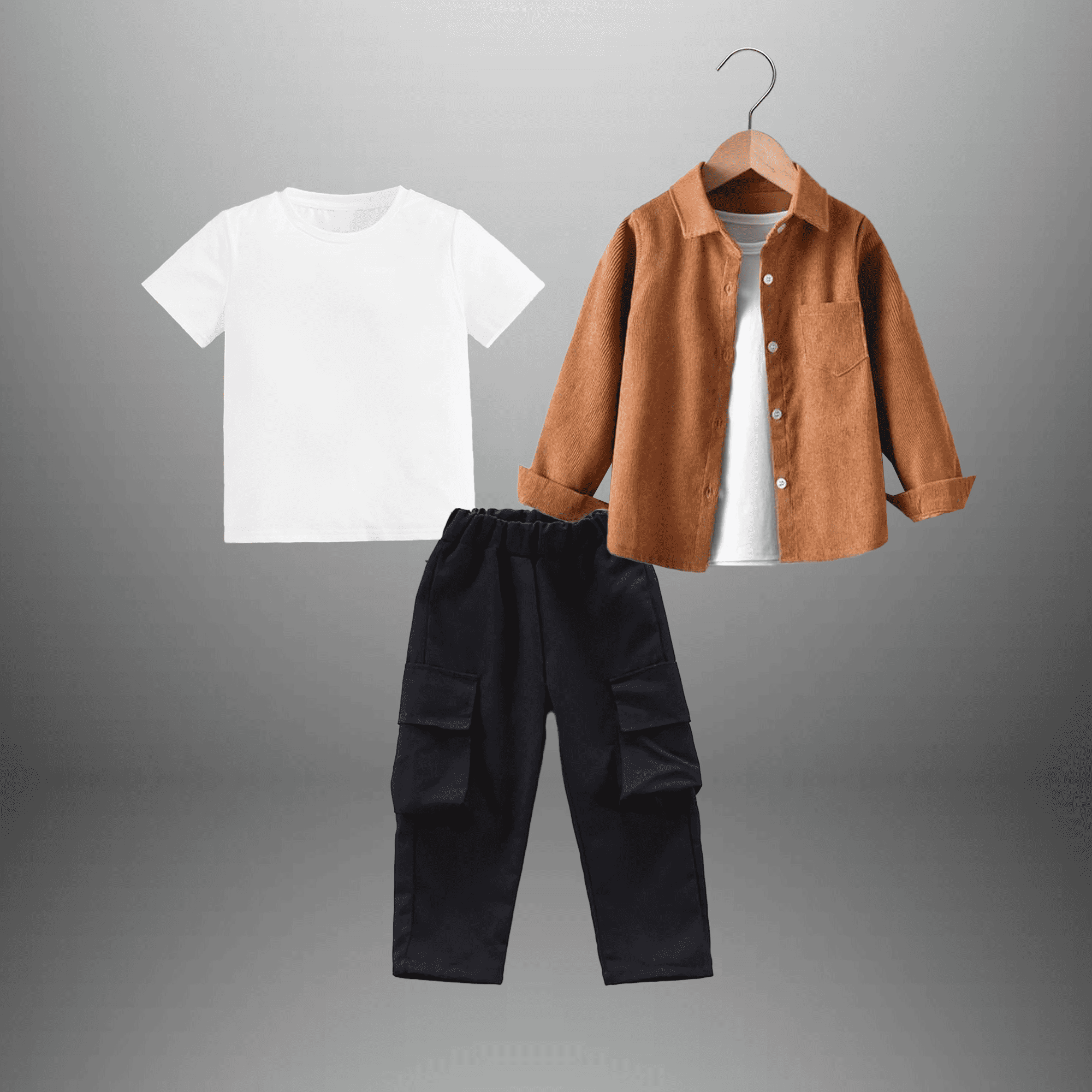 Boy's 3 piece set of Black Cargo pant ,Tan Brown shirt and a White T-shirt-RKFCW547