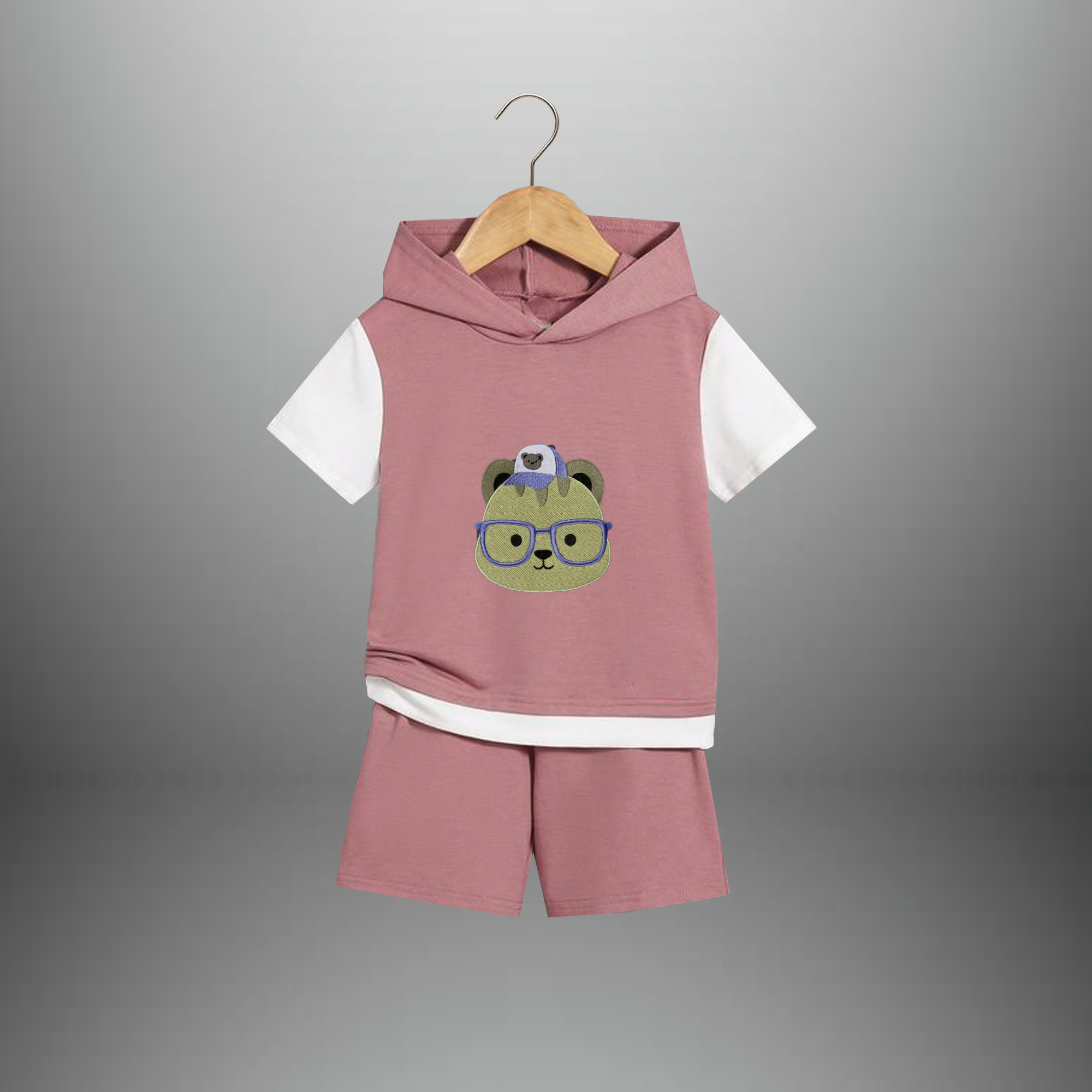 Boy's 2 piece set of Nude Pink shorts and Color blocked Hooded T-shirt -RKFCW541