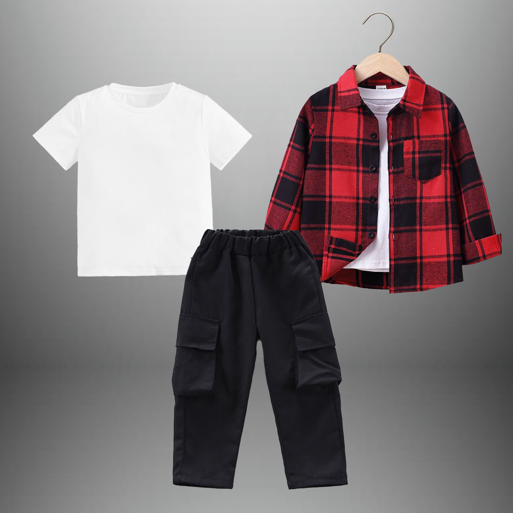 Boy's 3 piece set of Black Cargo pant, Red and Black Checkered shirt and a white T-shirt-RKFCW543