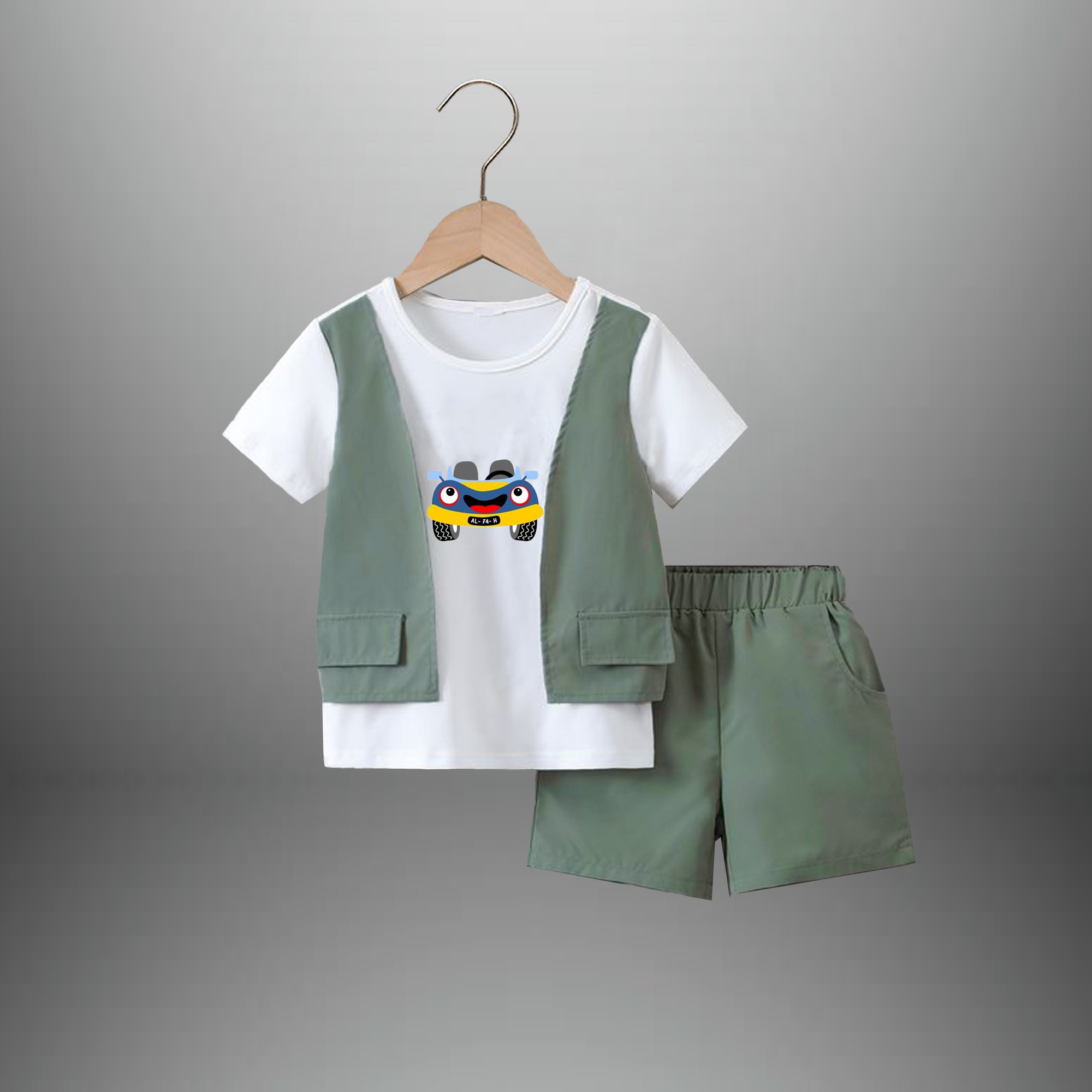 Boy's 2 piece set of Smokey Green colored shorts and Color blocked Waistcoat attached T-shirt-RKFCW540