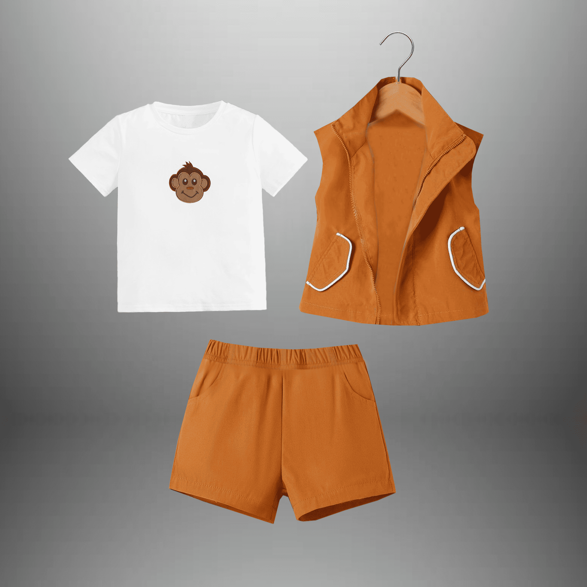 Boy's 3 piece set of Tan Brown shorts , Sleeveless zippered jacket and White T-shirt-RKFCW534