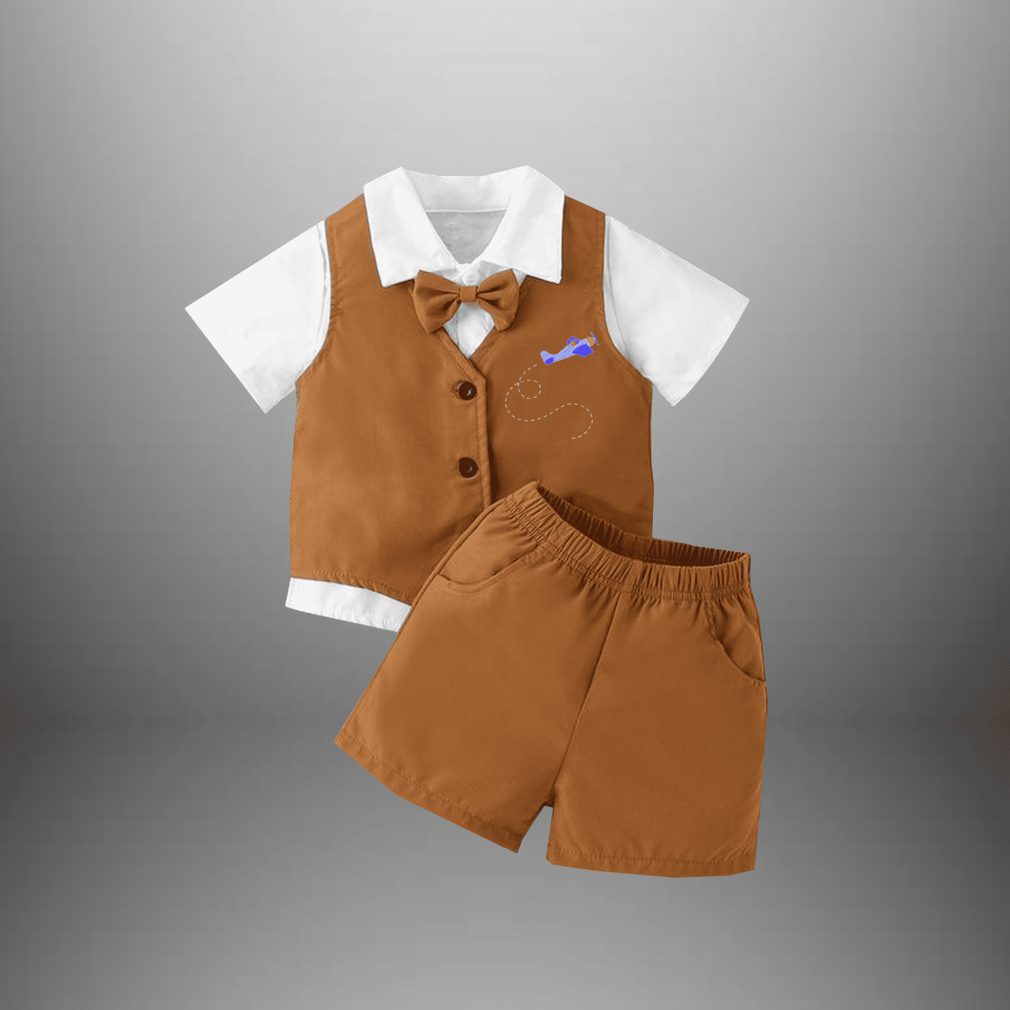 Boy's 3 piece set of Tan Brown shorts , waistcoat and White Shirt with Bow-RKFCW535