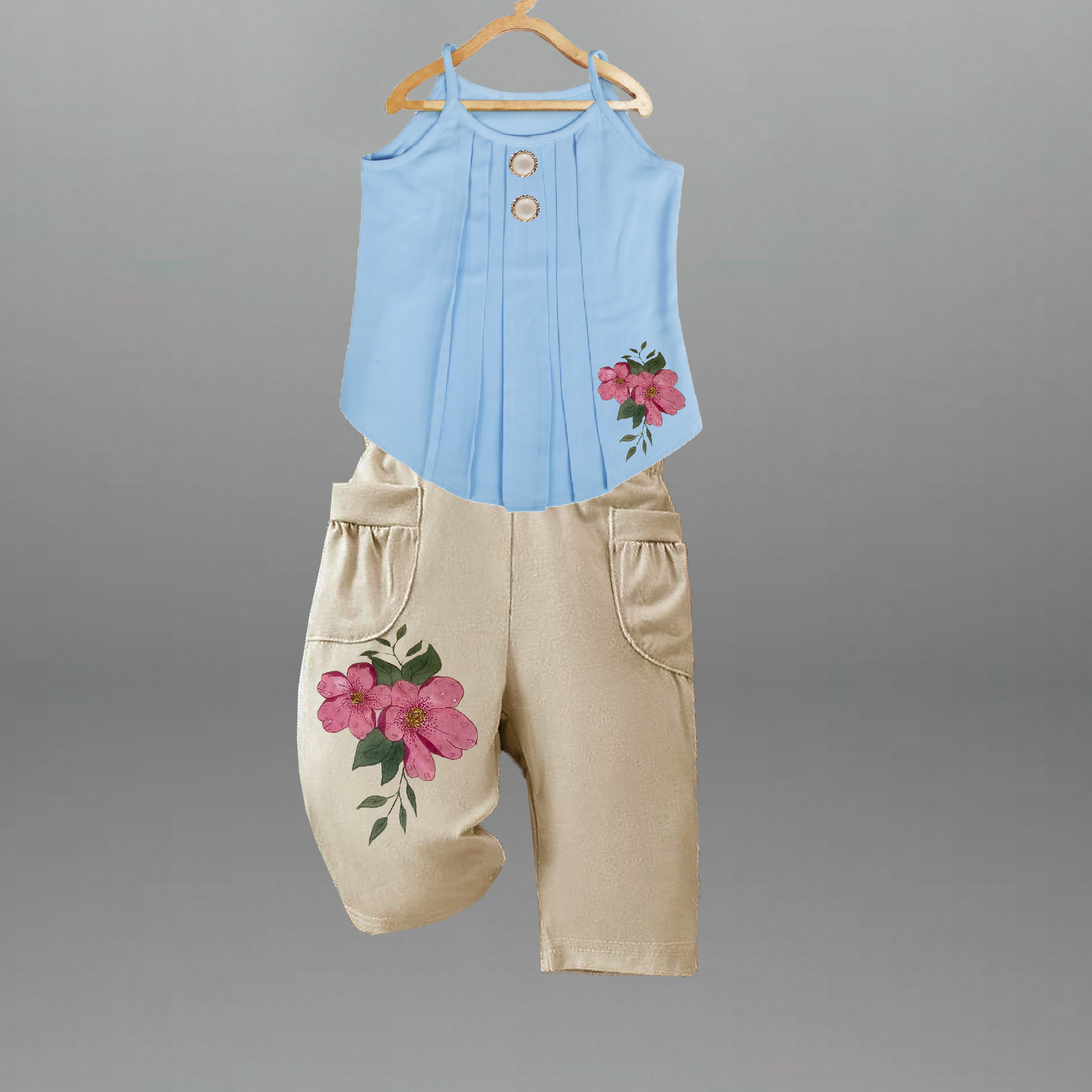 Girl's Two piece set of Solid blue yoke sleeveless top with Beige colored Capree pant-RKFCW555