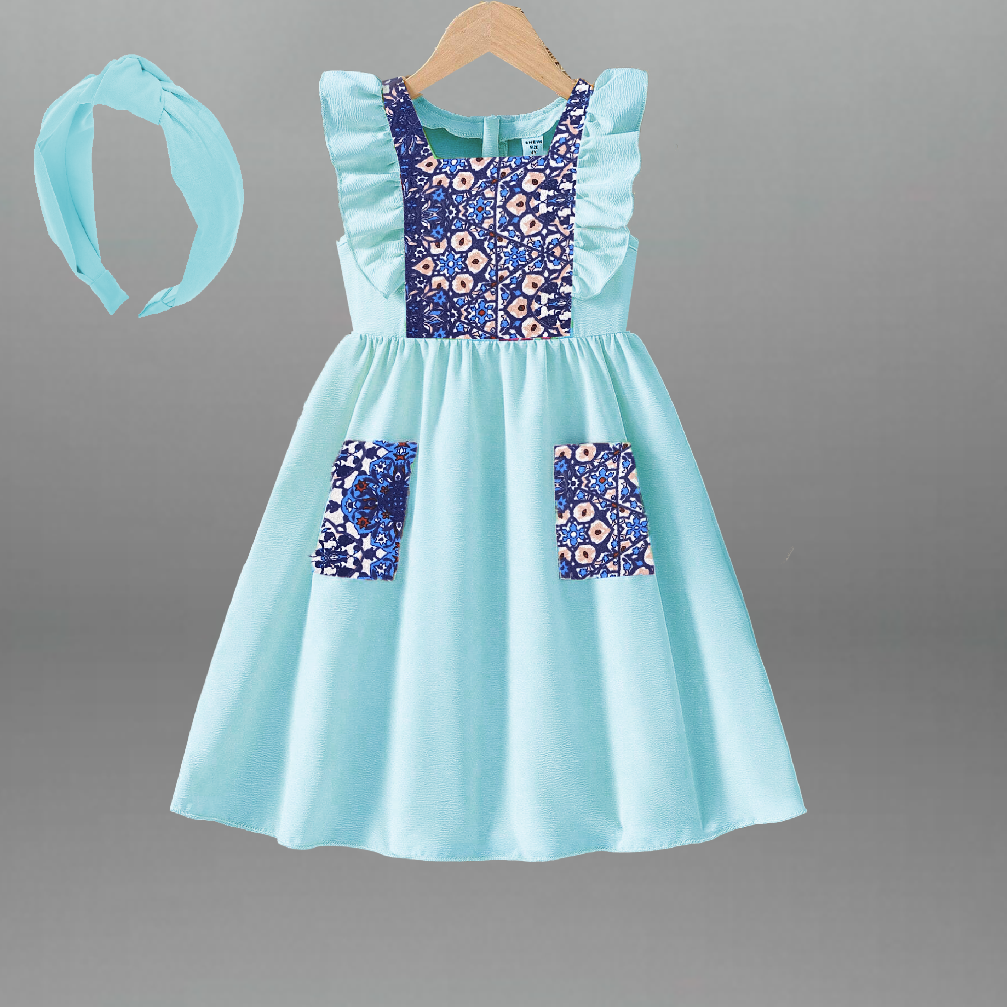 Girl's Ice Blue Frilled sleeveless Party dress with Printed patch pockets and a free hairband-RKFCW558