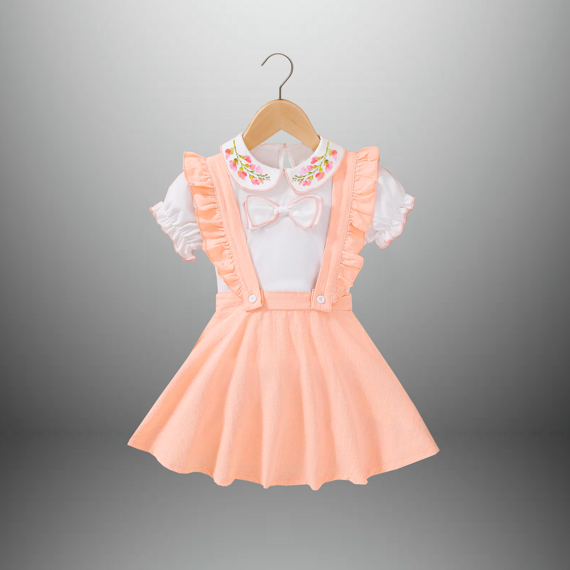 Girl's Two piece set of a puffed sleeve top with peter pan collar and dungaree styled skirt-RKFCW551