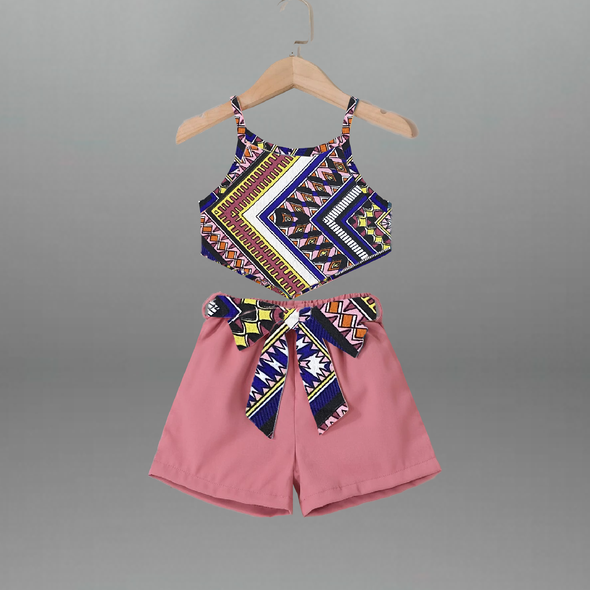 Girl's Two piece set of Printed sleeveless top with Pink shorts-RKFCW554