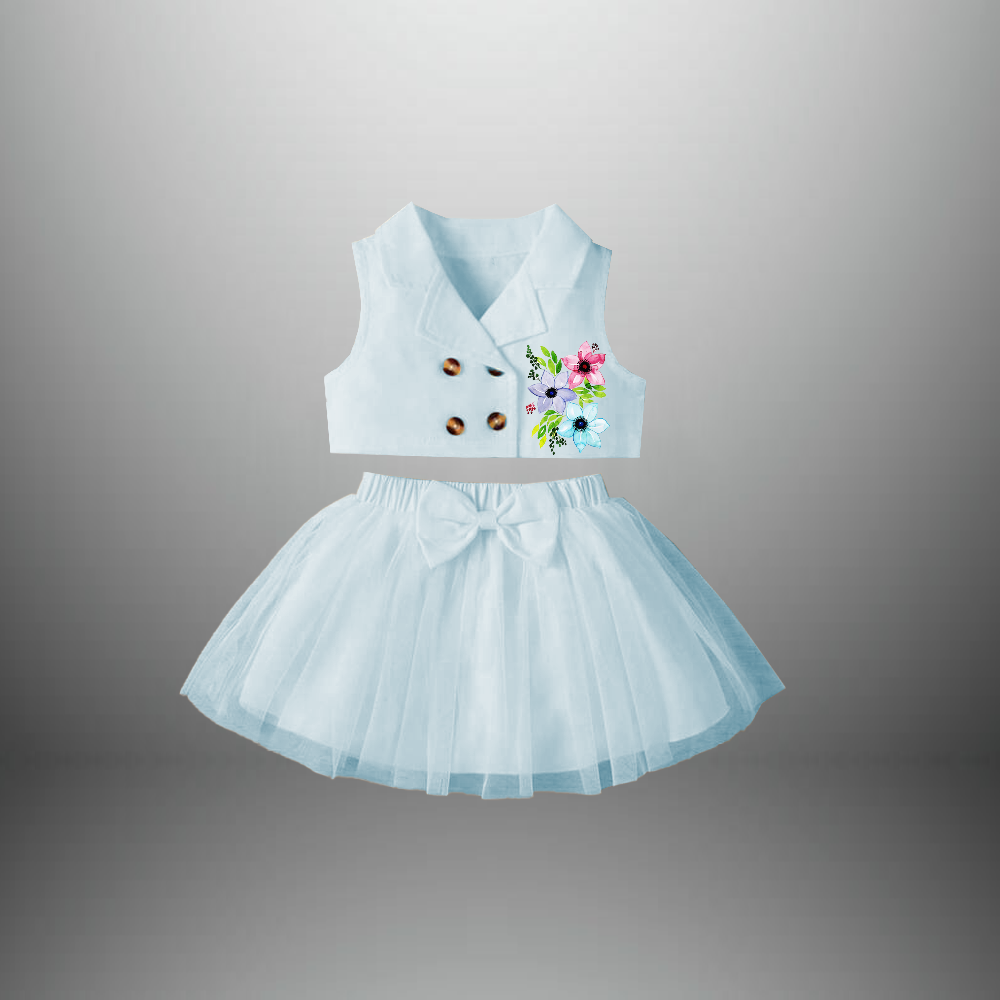 Girl's Two piece set of powder blue colored sleeveless top with flared skirt-RKFCW552