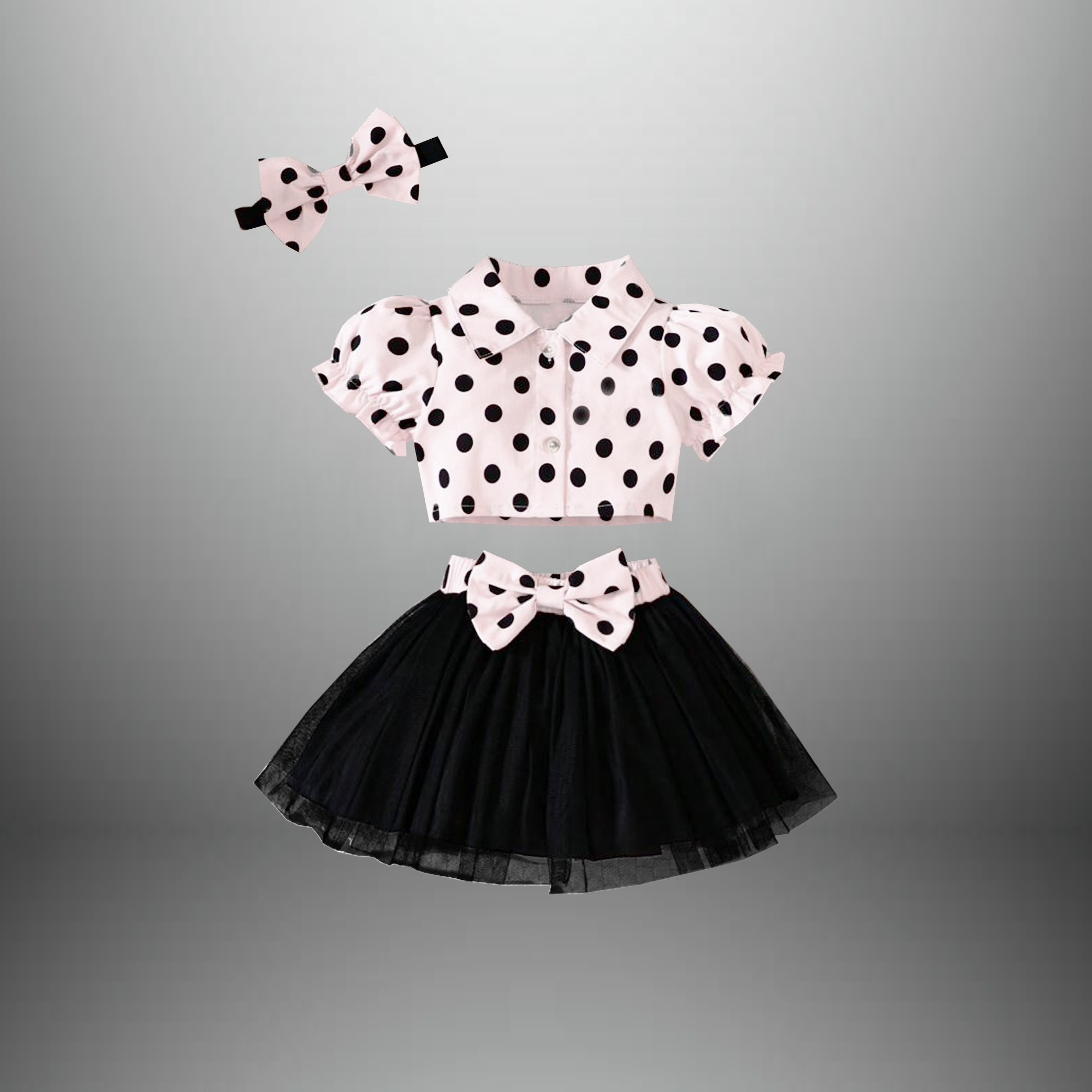Girl's polka dotted shirt and flared skirt with a free hairband-RKFCW549