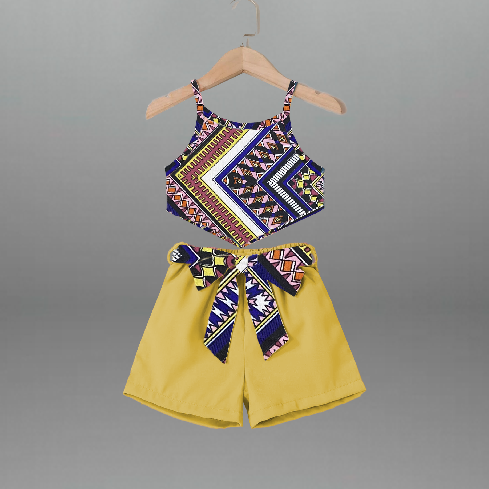 Girl's Two piece set of Printed sleeveless top with Yellow shorts-RKFCW553