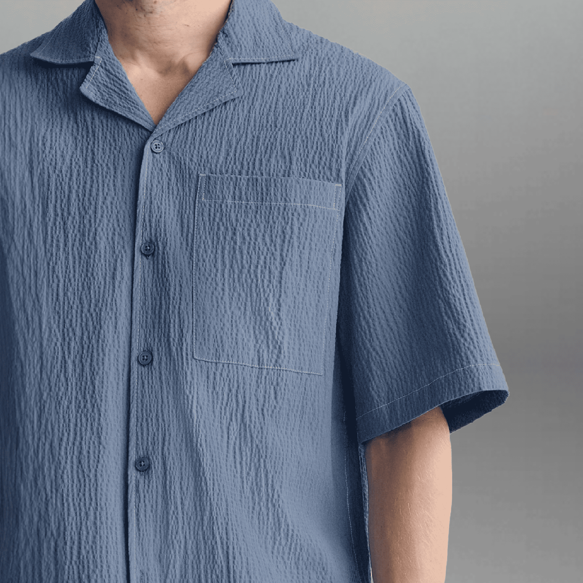 Men's Blue Textured Oversized Camp Collar Shirt with a Pocket-RMS044