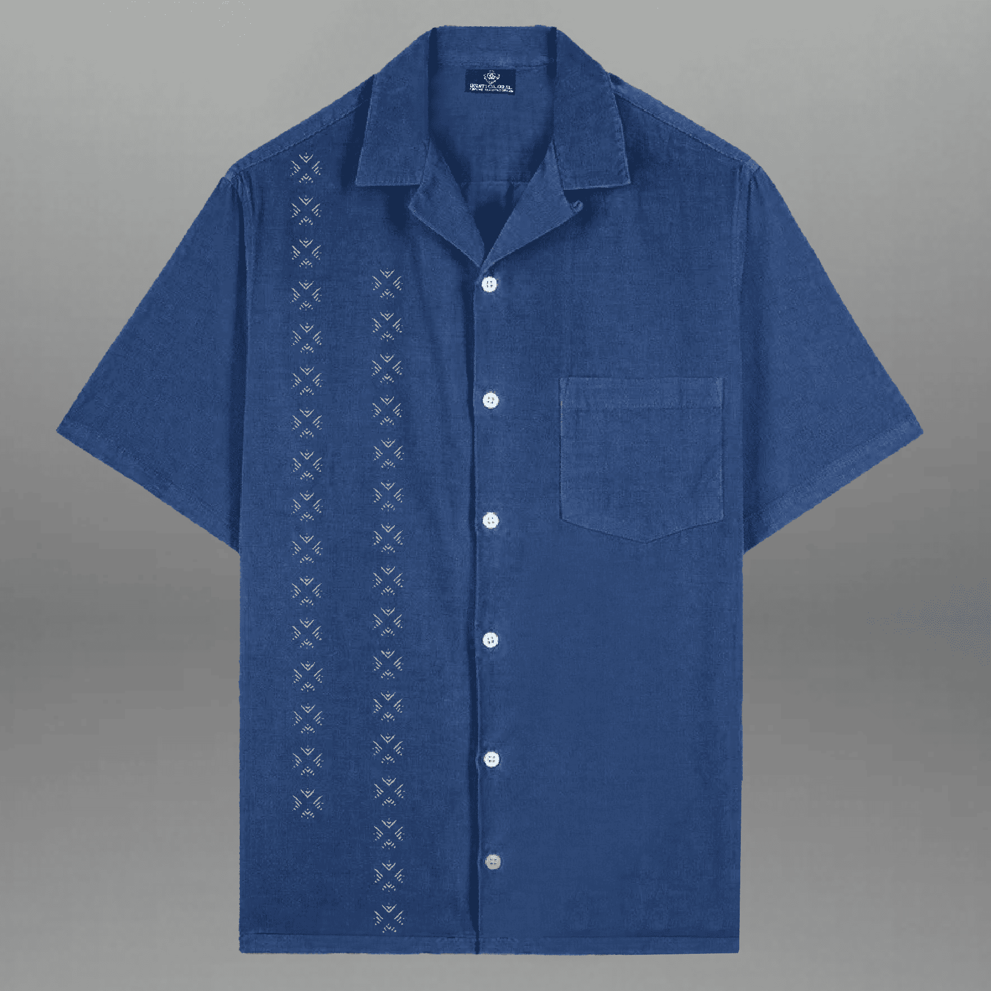 Men's Blue Embroidered Camp Collar Shirt with a Pocket-RMS046