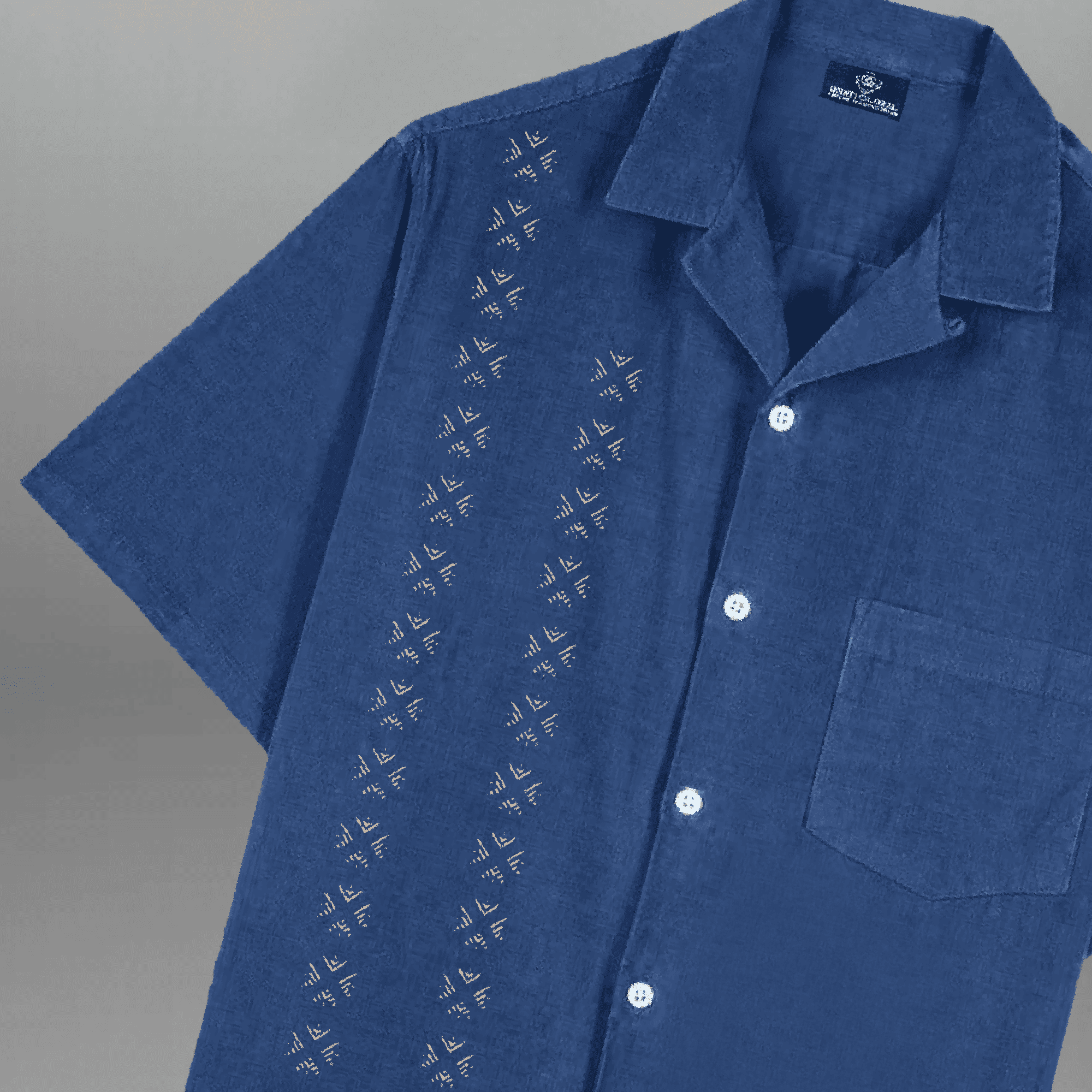 Men's Blue Embroidered Camp Collar Shirt with a Pocket-RMS046