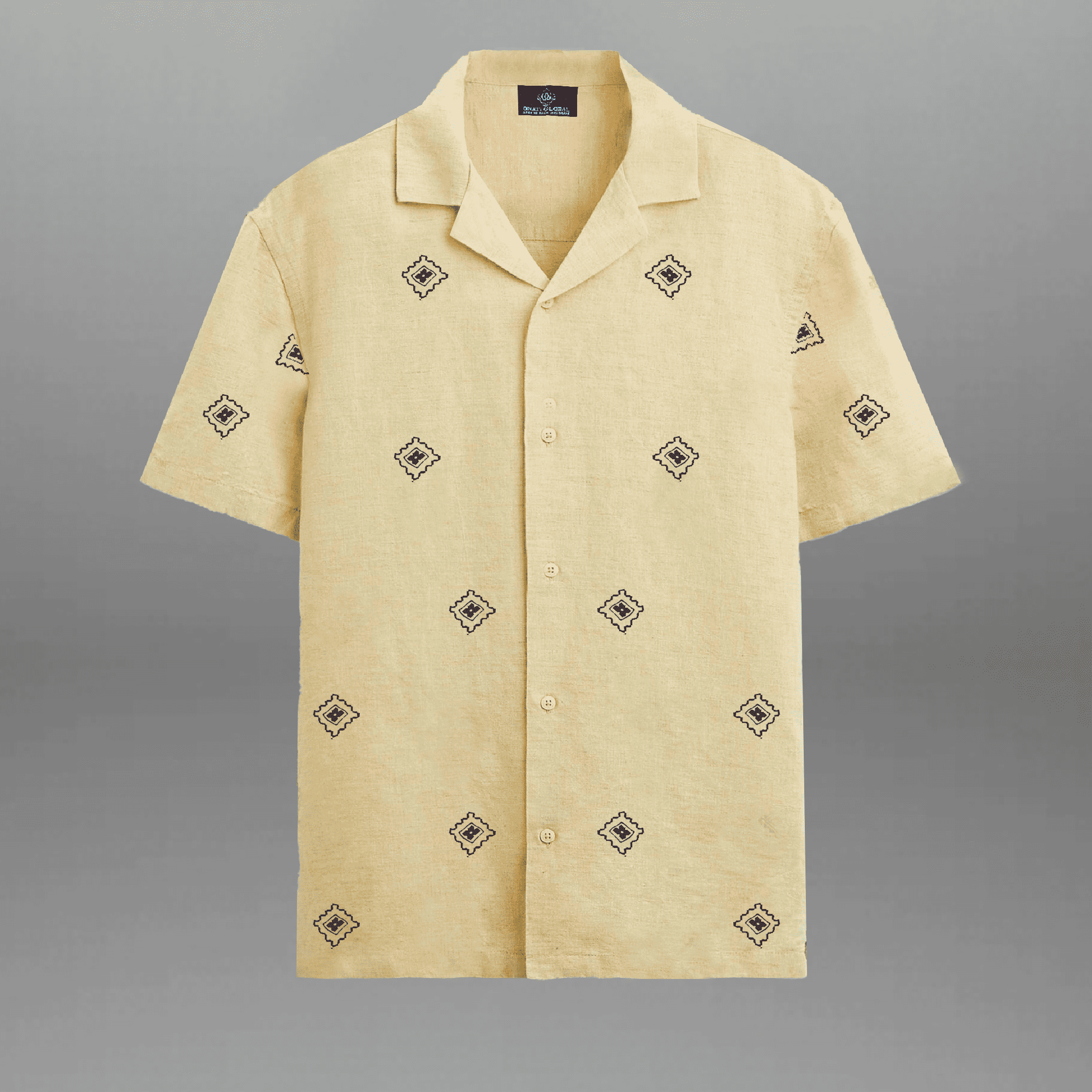 Men's Light Yellow Camp Collar Shirt with Black Embroidery-RMS048