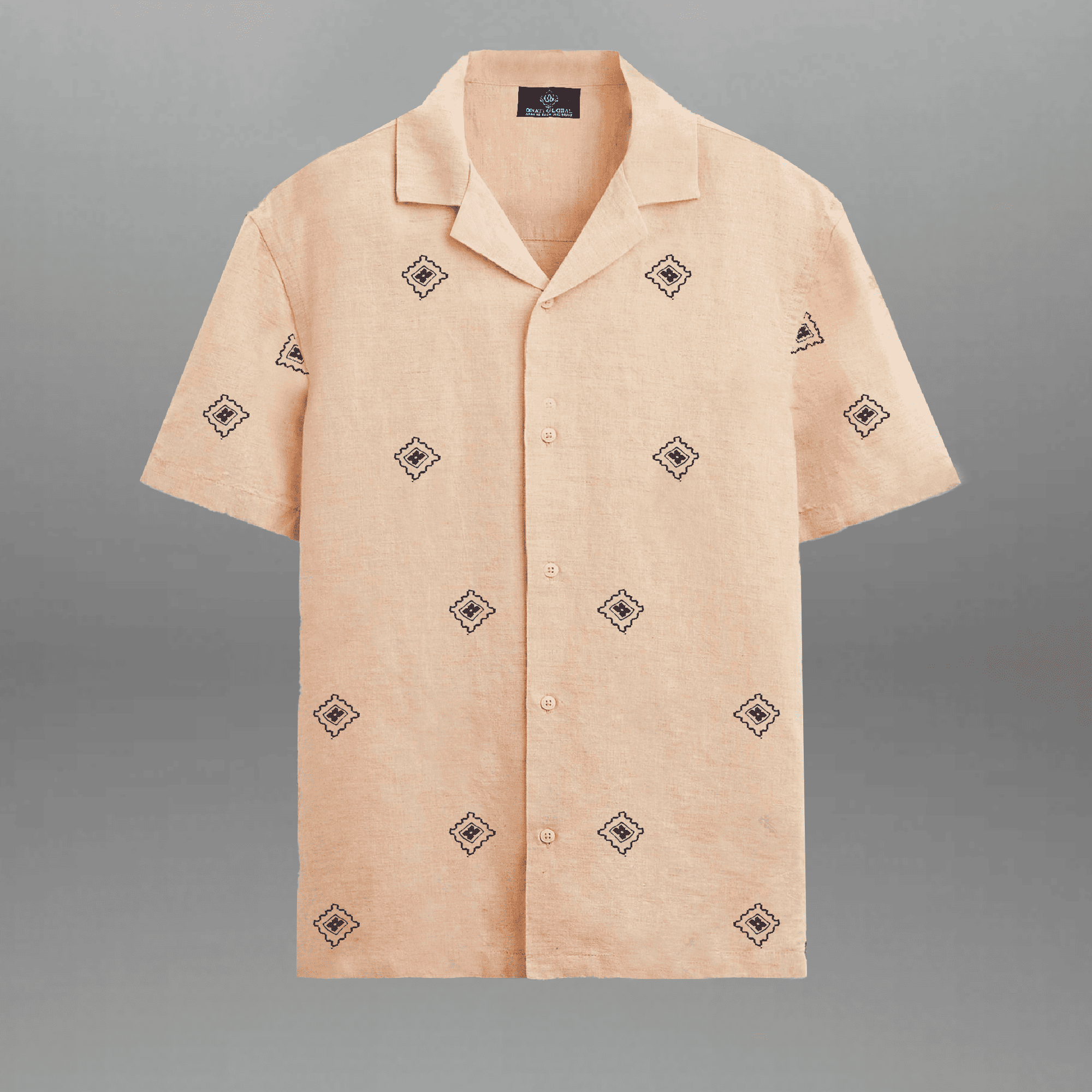 Men's Peach Color Camp Collar Shirt with Black Embroidery-RMS047