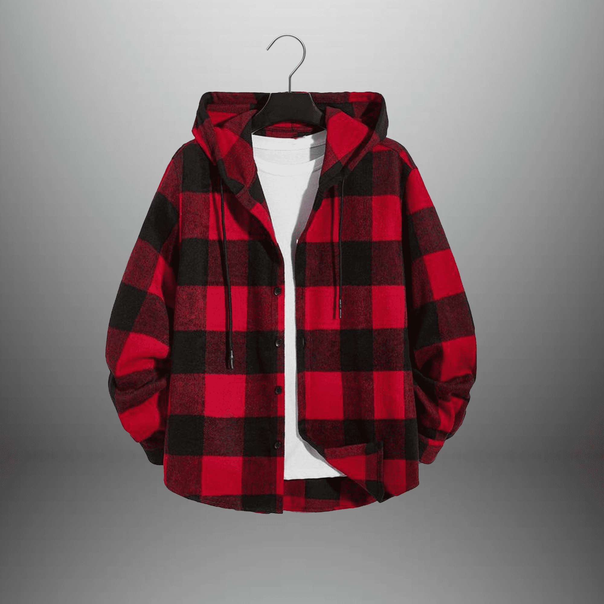 Men's Red and Black Checkered hooded Shirt with A Plain white T-shirt-RMS035