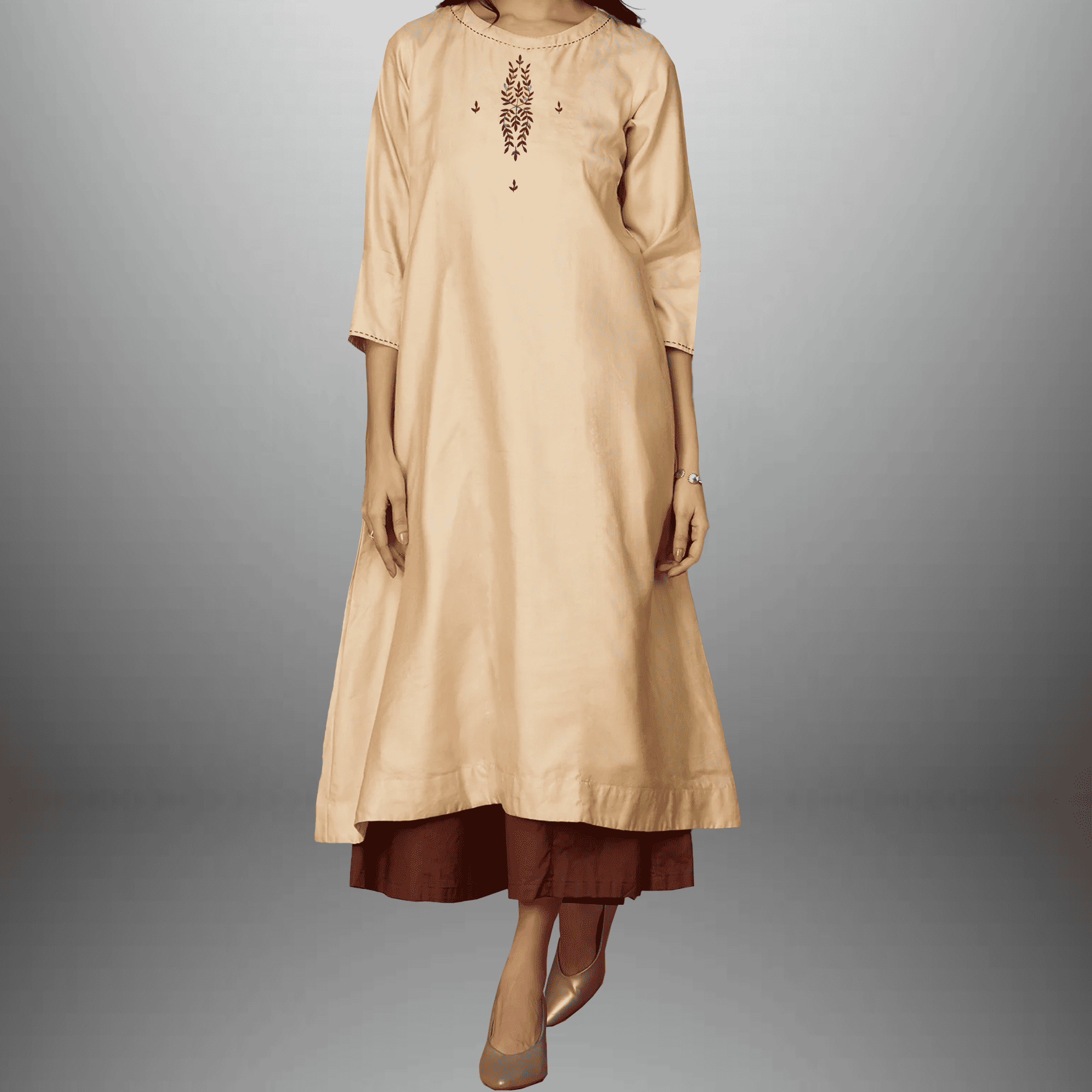Women's Beige Kurti with Embroidery work on Top and Brown Palazzo-RWKS082