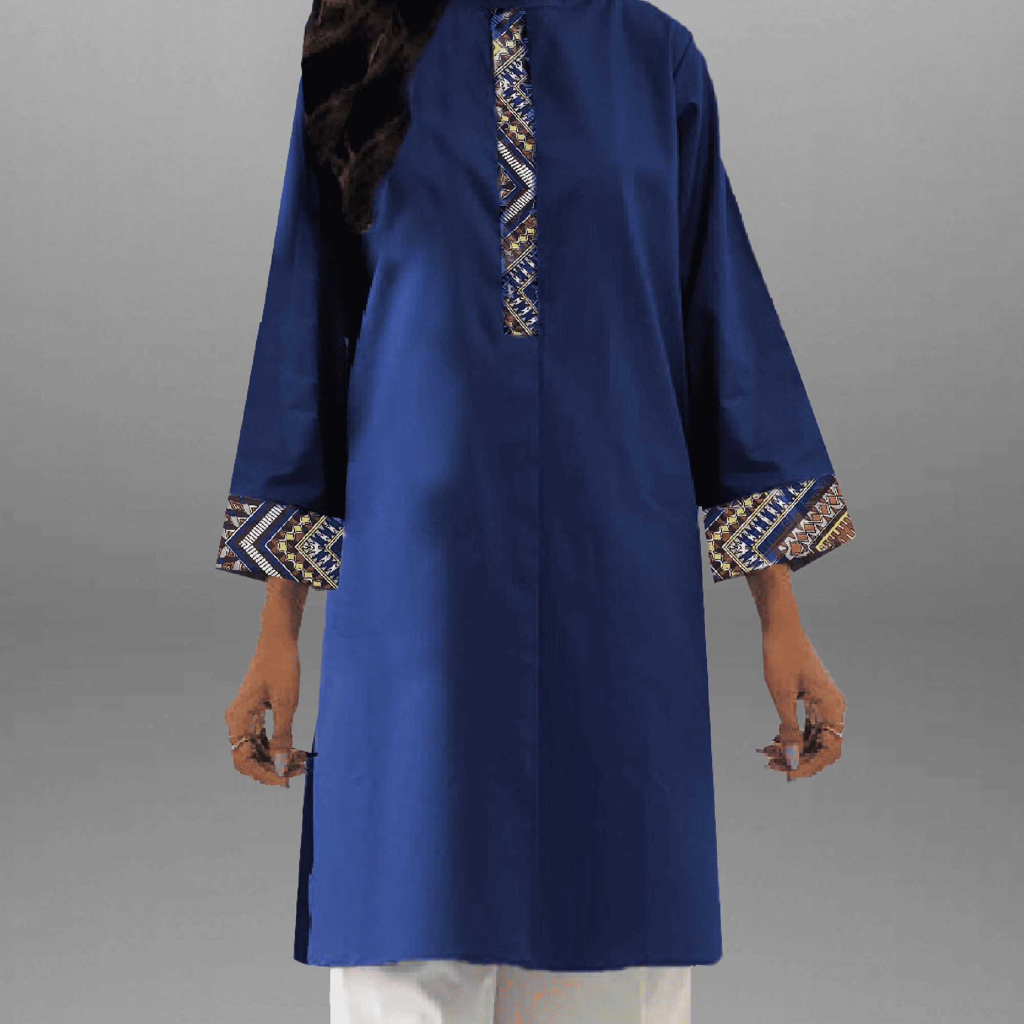 Women's Blue Kurti with Printed Patch work with White Pant-RWKS077