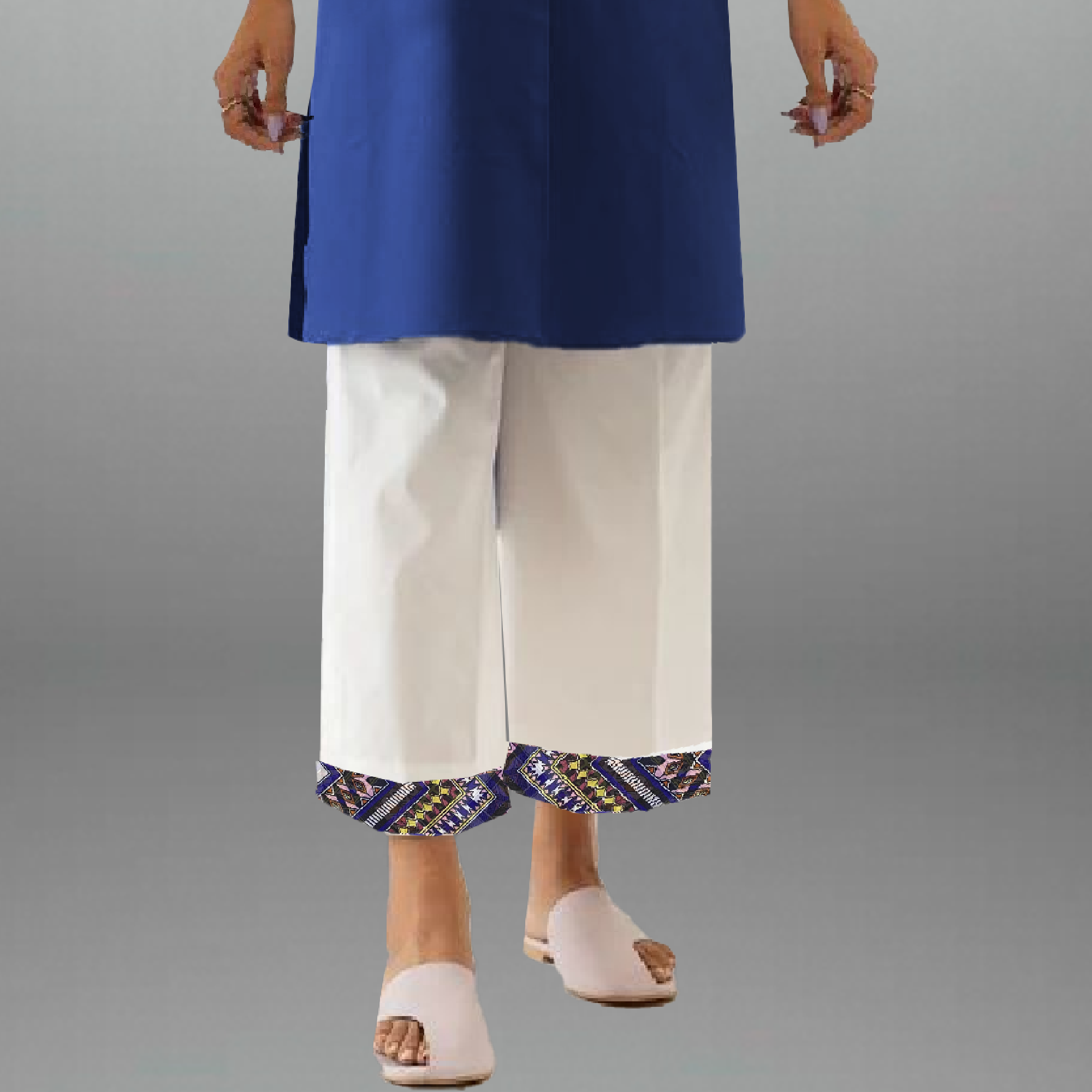 Women's Blue Kurti with Printed Patch work with White Pant-RWKS077