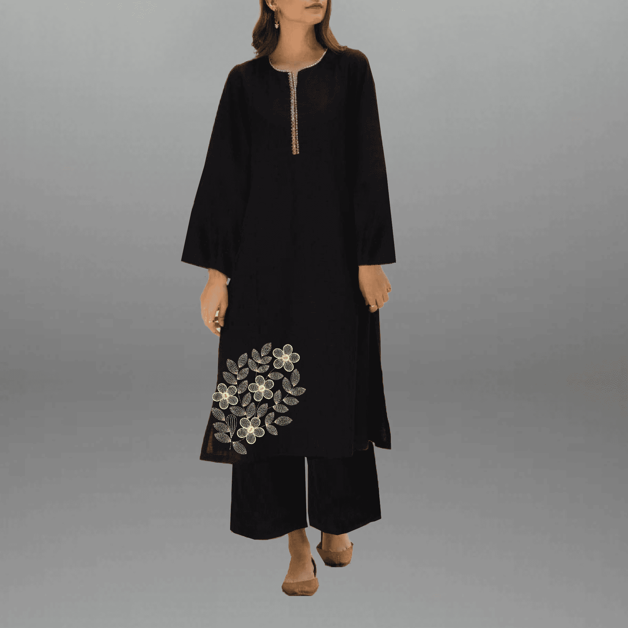 Women's Dark Blue Kurti set with Lace and Embroidery work-RWKS087
