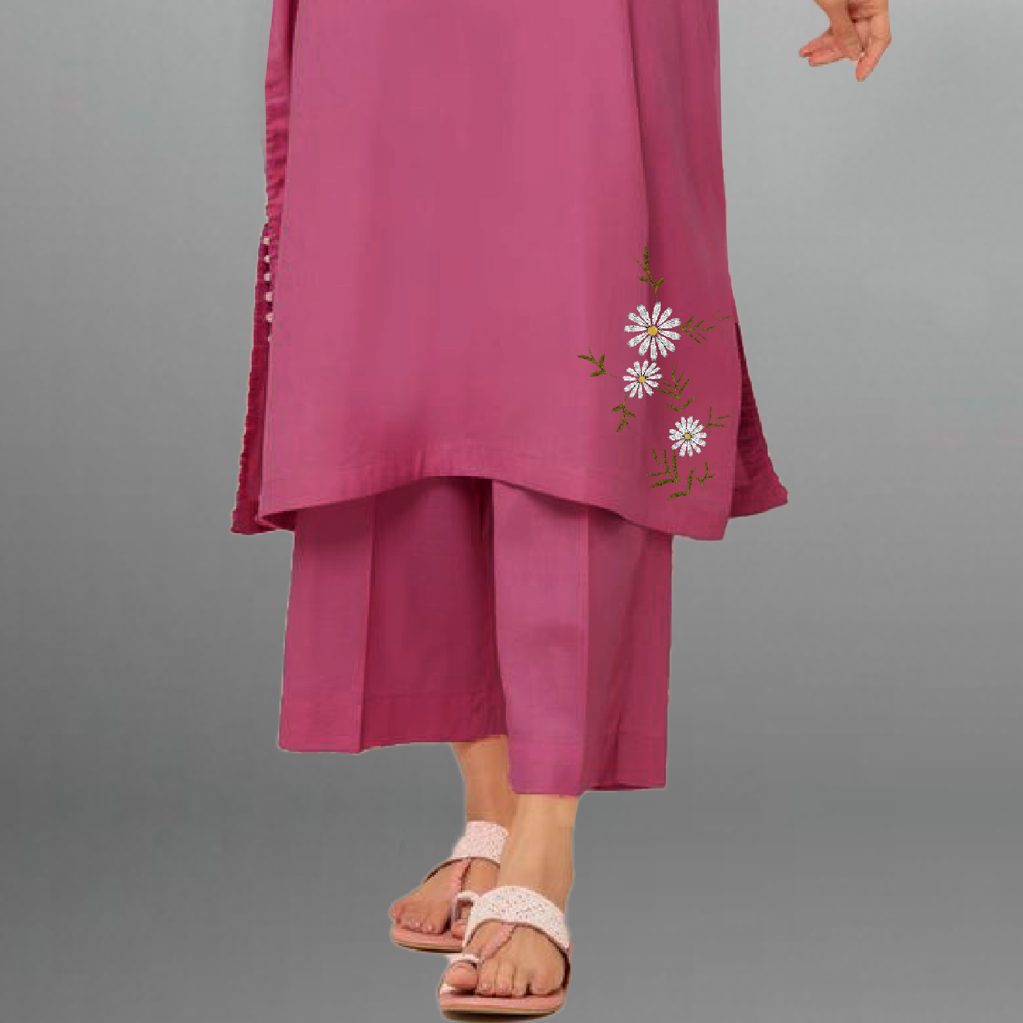 Women's Flamingo Pink kurti with pearl embellishment and Floral motif with pant-RWKS073
