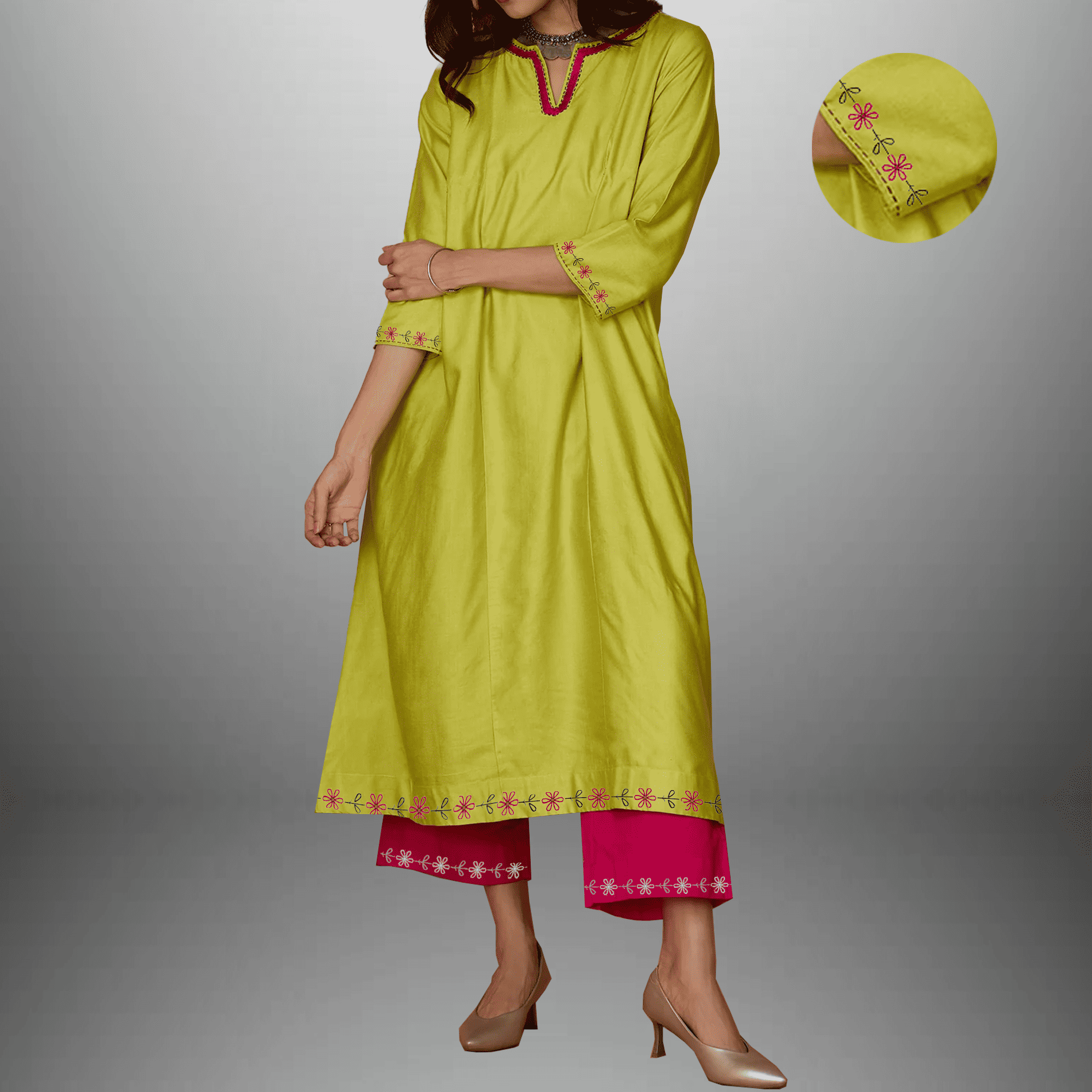 Women's Lime Green Kurti and Pink Bottom with Hand embroidery work-RWKS079