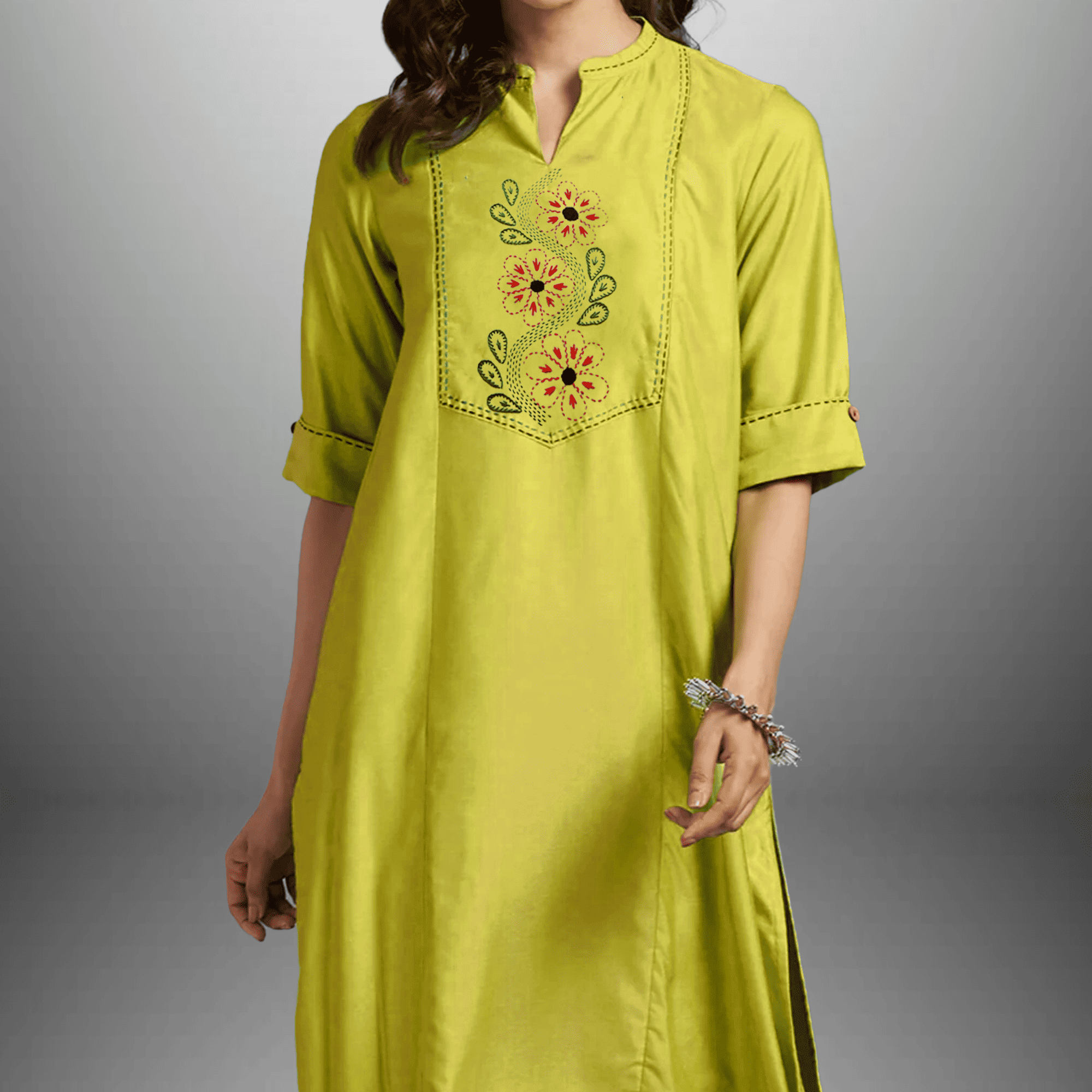 Women's Lime Green Kurti with 3/4th sleeve and Blue Bottom with Embroidery work-RWKS086