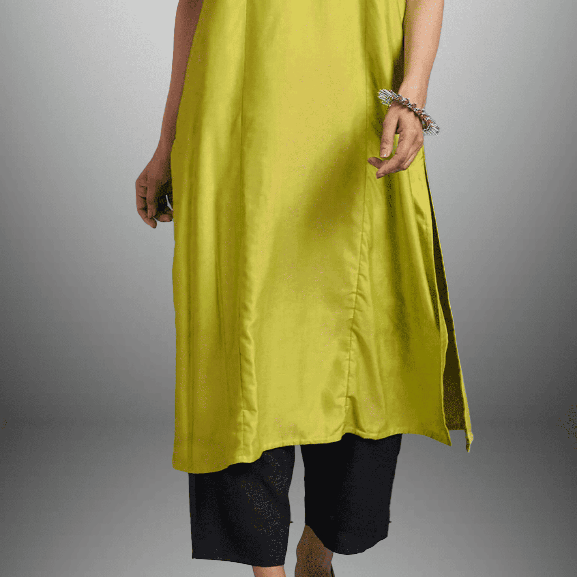 Women's Lime Green Kurti with 3/4th sleeve and Blue Bottom with Embroidery work-RWKS086