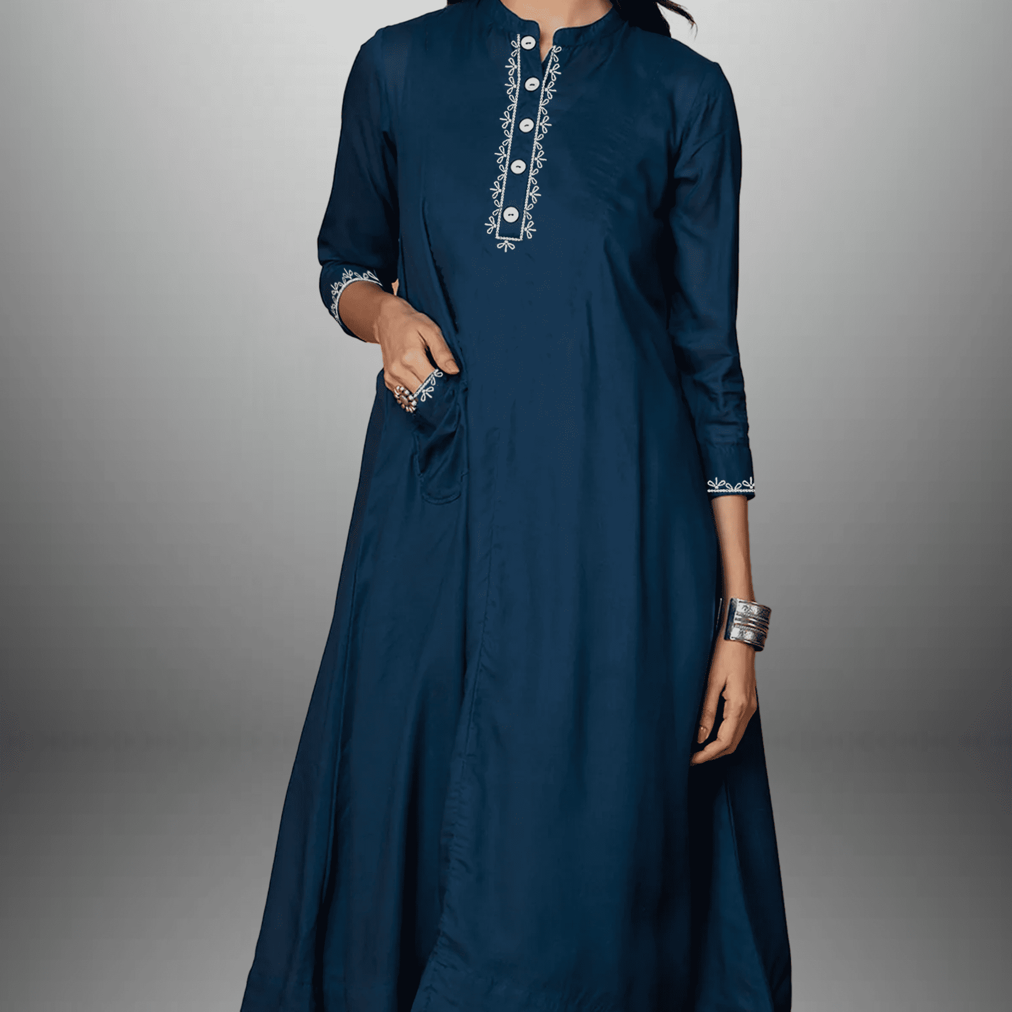 Women's Navy Blue Kurti with pocket and Black flared palazzo with contrast embroidery work-RWKS080