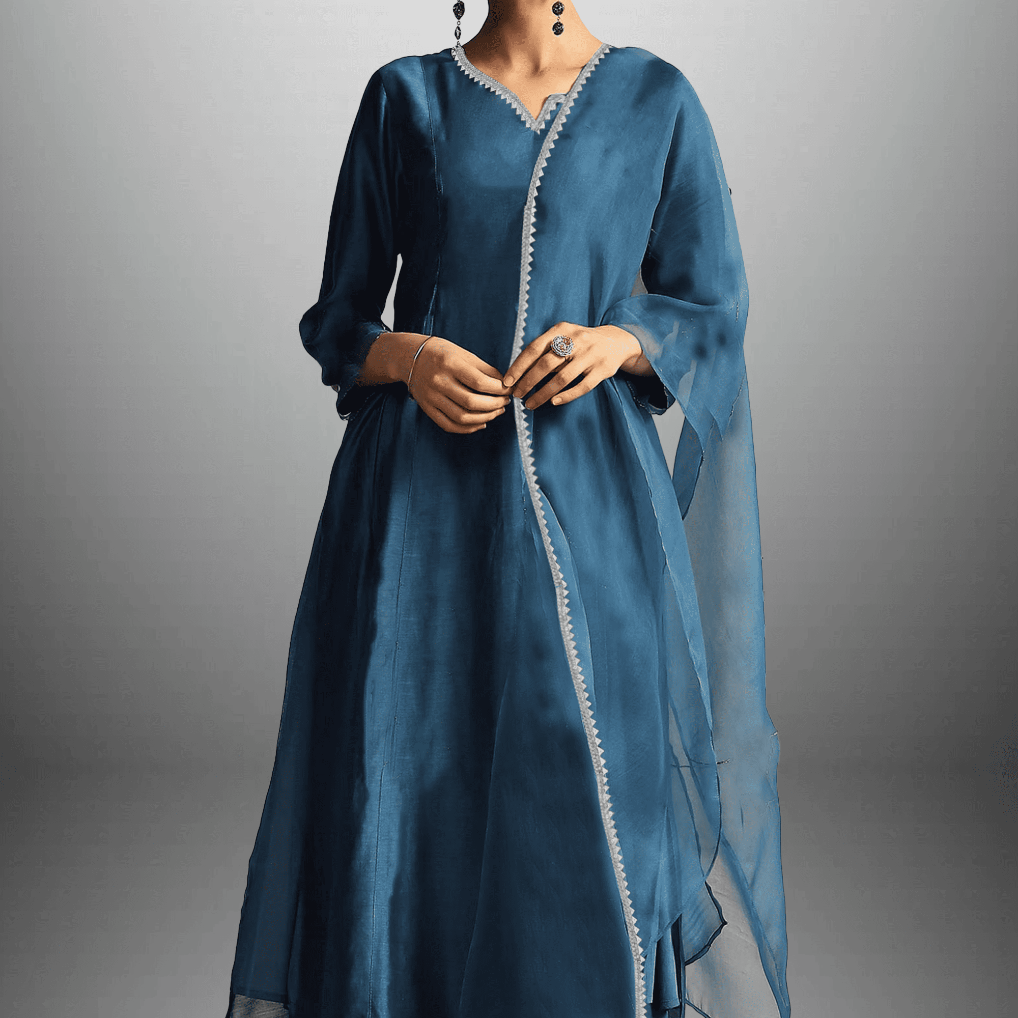 Women's Organza Blue Kurti with lace border with a Pant and Dupatta-RWKS074
