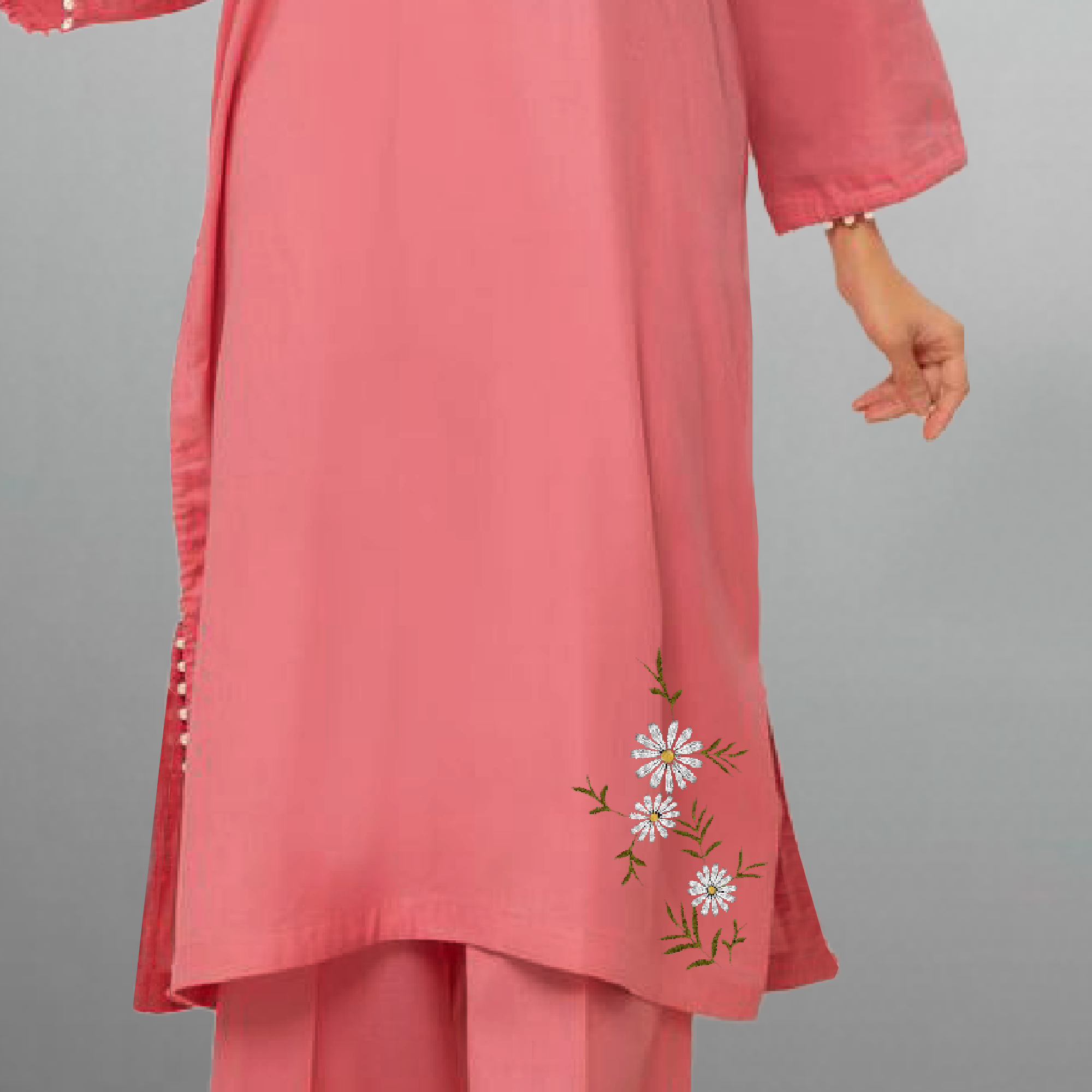 Women's Peach kurti with pearl embellishment and Floral motif with pant-RWKS072