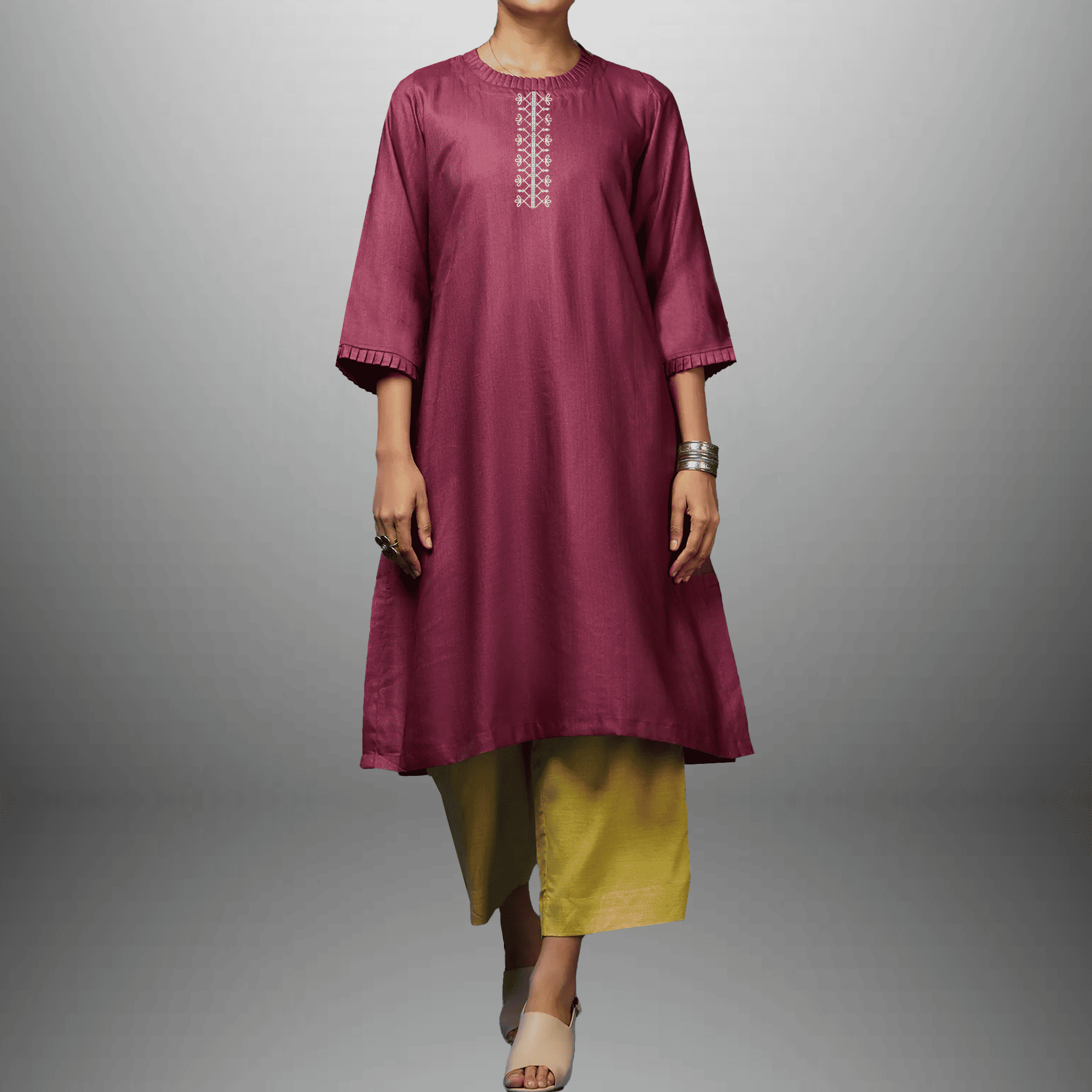 Women's Rouge Pink Kurti with with Embroidery work on Top and Lime Green Palazzo-RWKS083