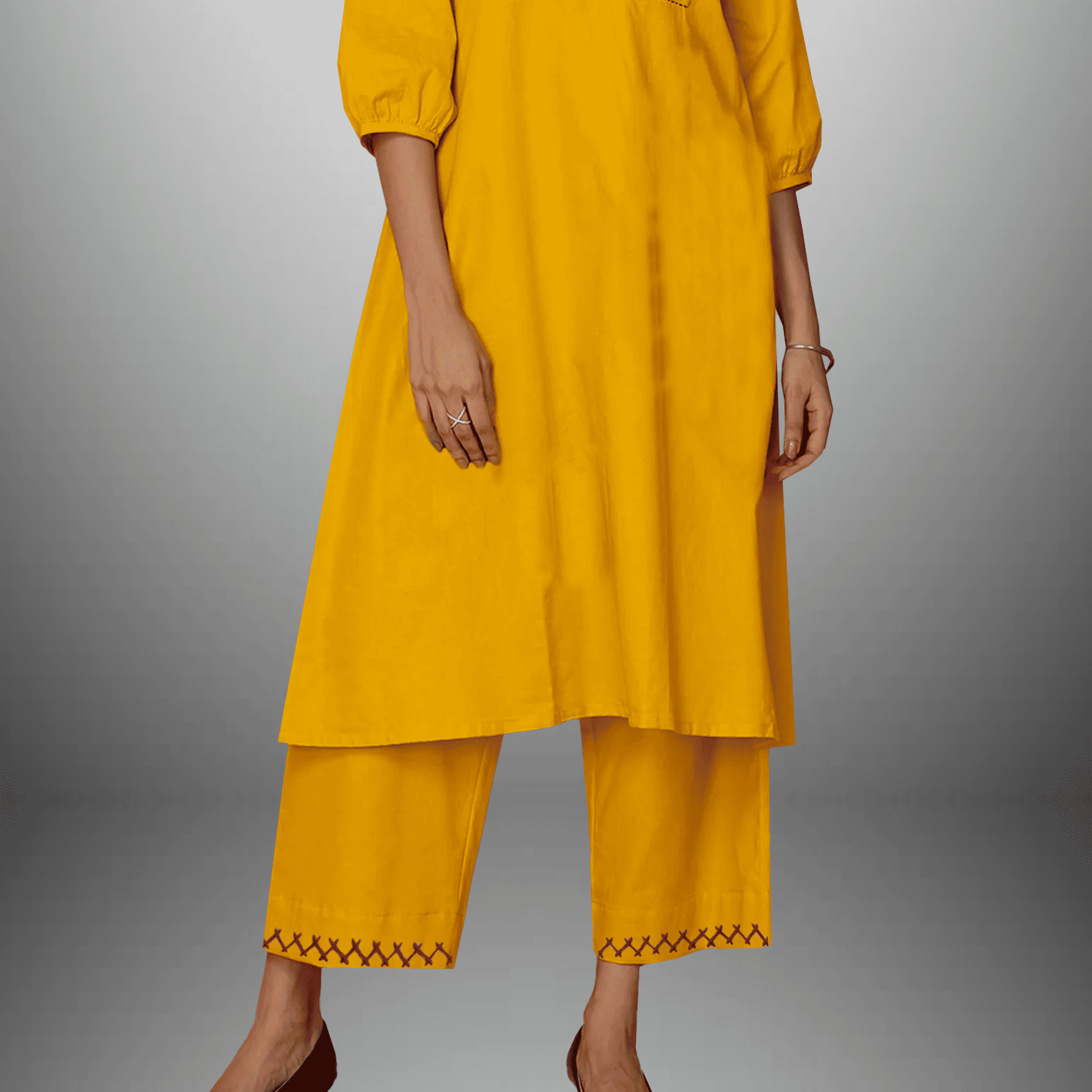 Women's Yellow Kurti Set with Embroidery work-RWKS084