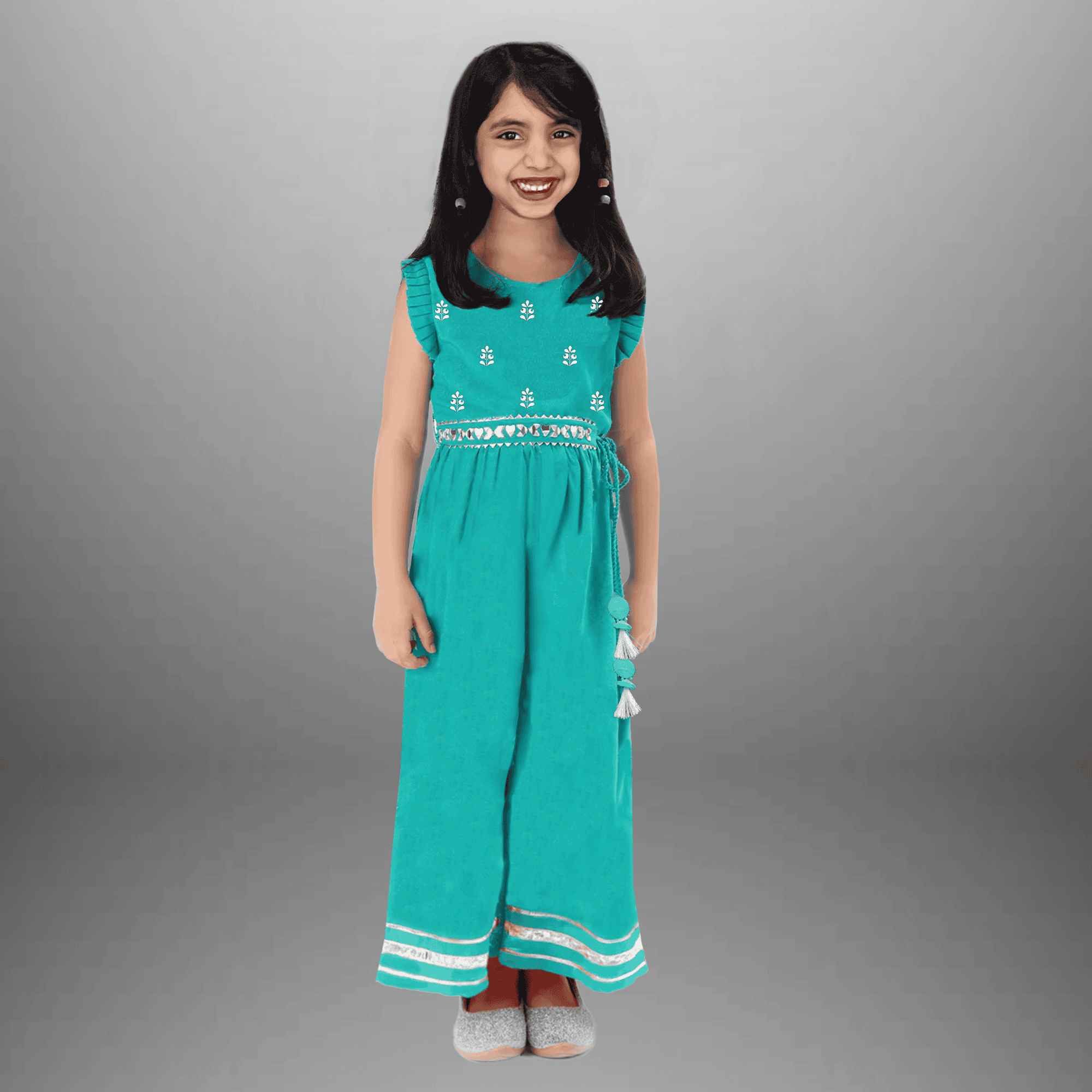 Girl's Indo western Caribbean Green jumpsuit with Frilled sleeves -RKFCW565-FRONT-01