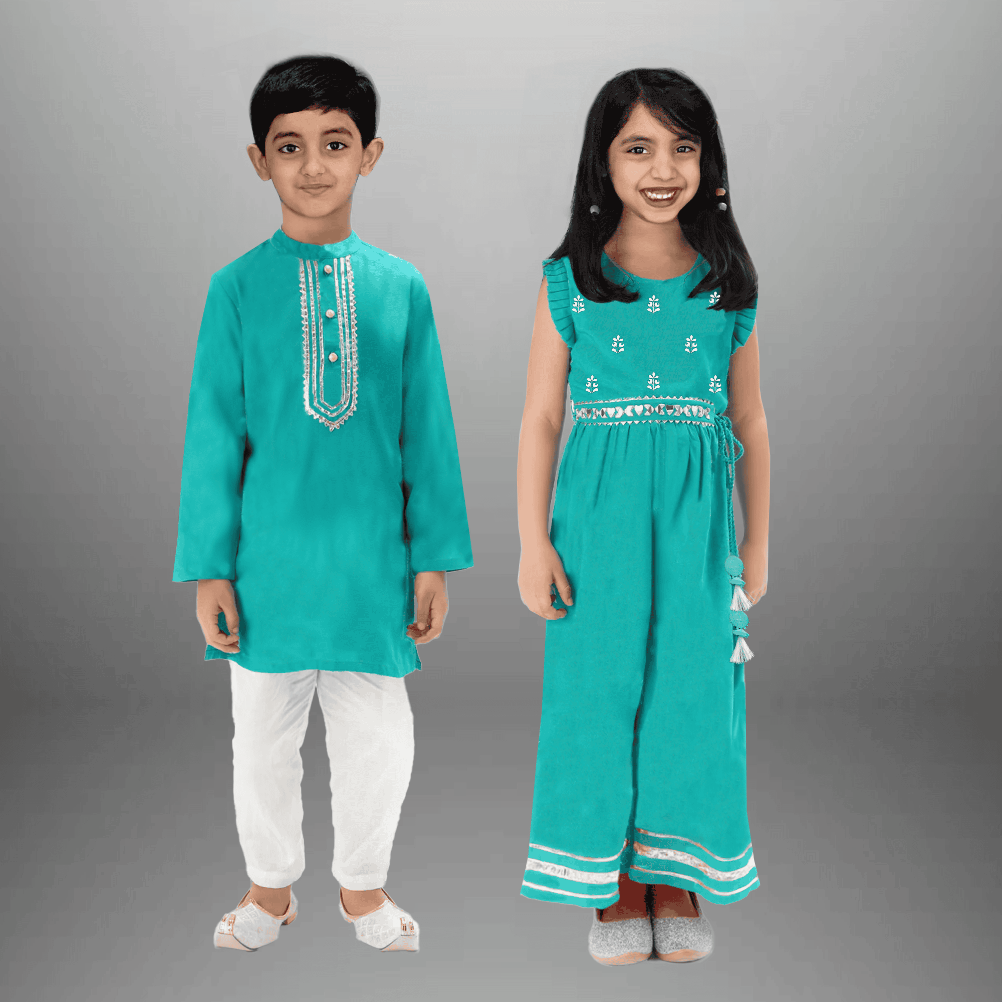 Kids combo of caribbean Green Girl's Jumpsuit and kurta with Pajama for Boys -RKCS013 - front-01